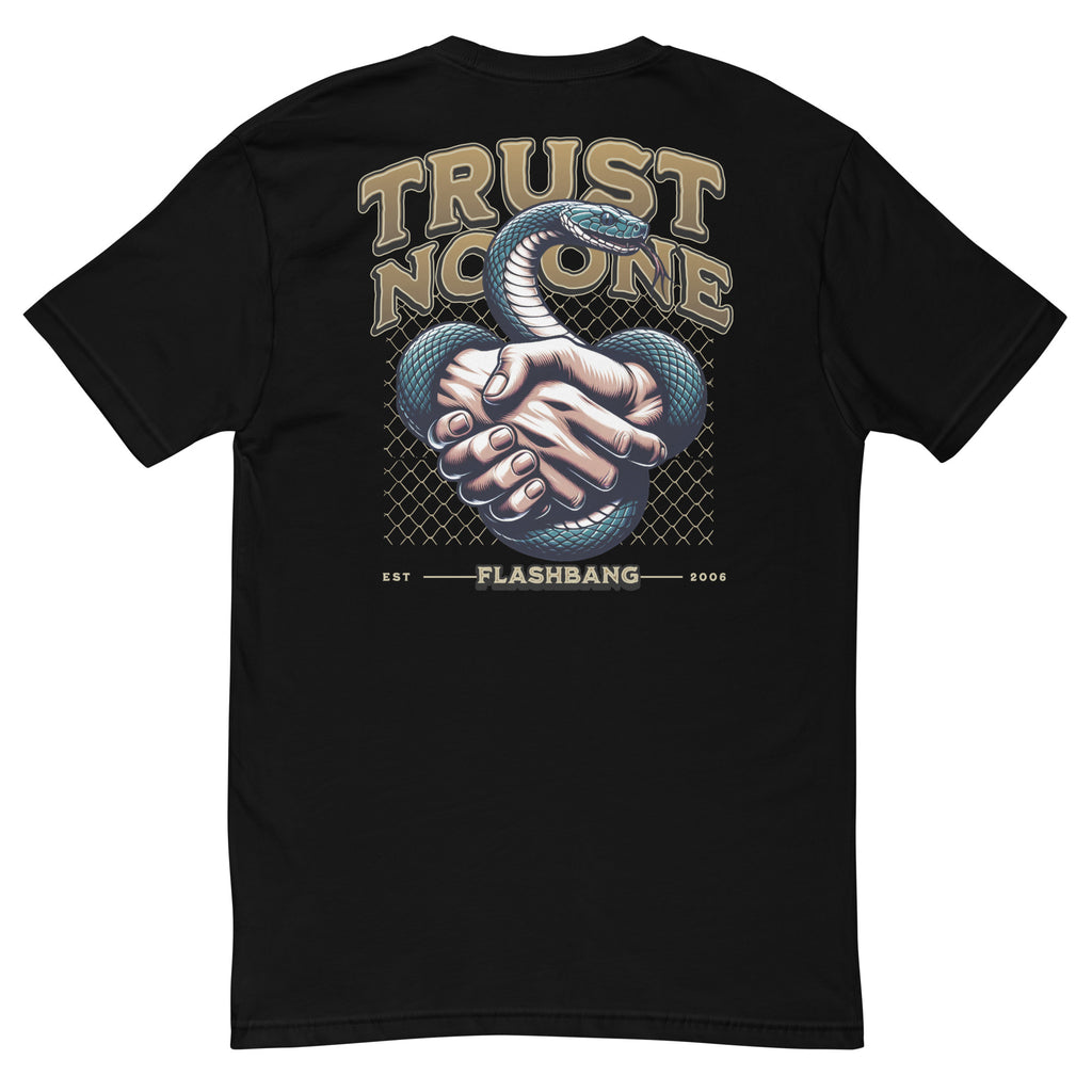 Trust No One T-shirt with bold graphic design featuring a snake and handshake - Back View - Black