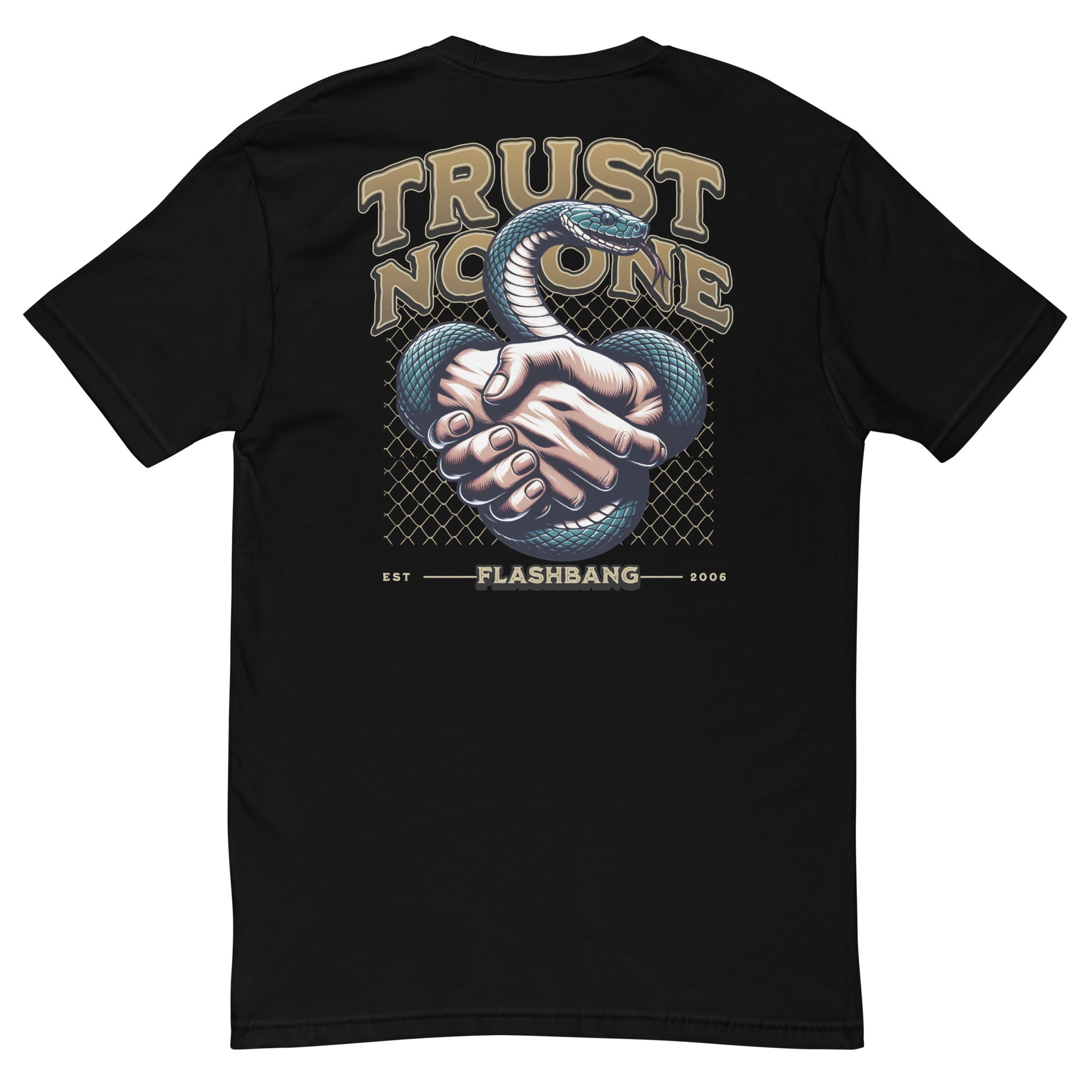 Trust No One T-shirt with bold graphic design featuring a snake and handshake - Back View - Black