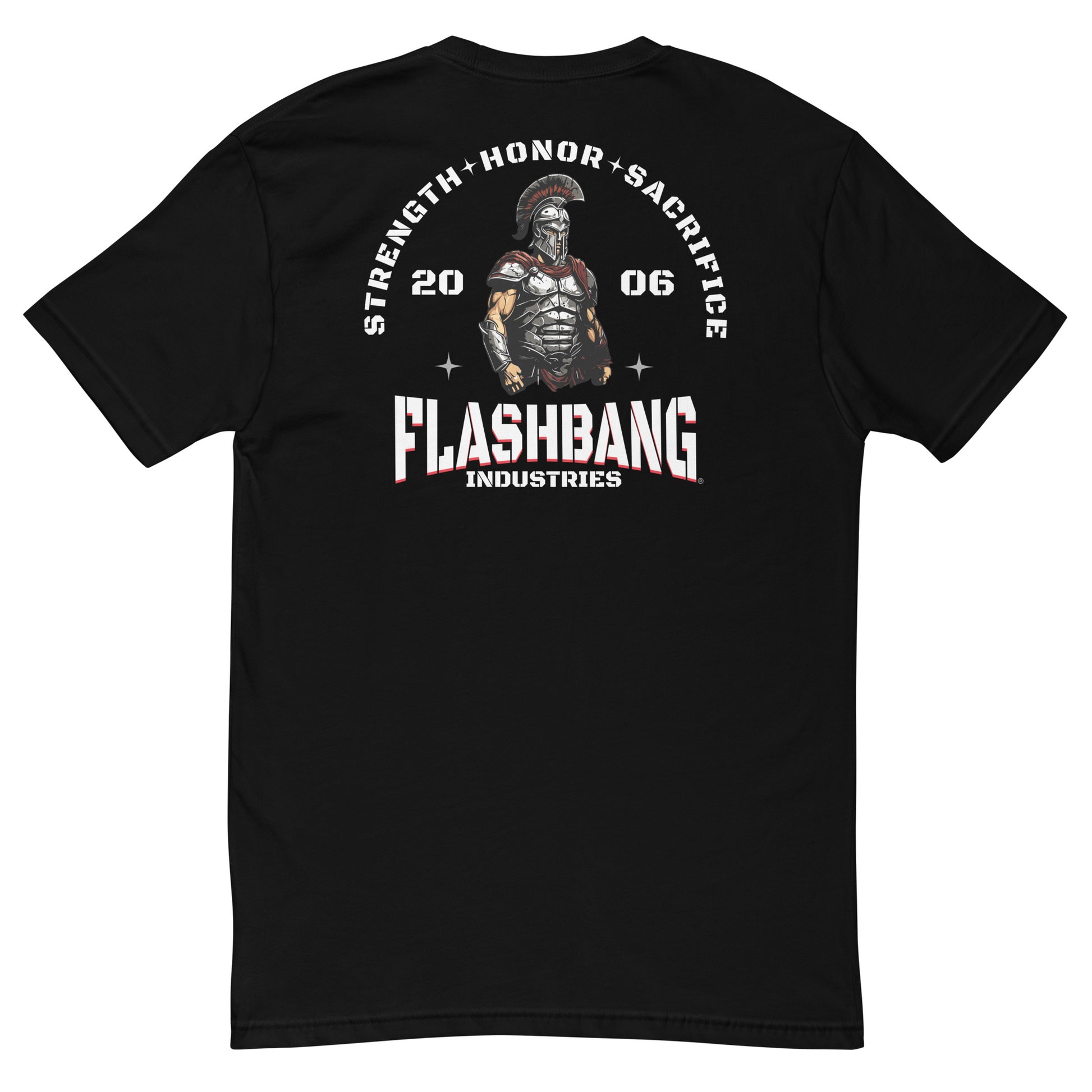Black t-shirt with a graphic design on the back featuring a warrior and text, on a white background.