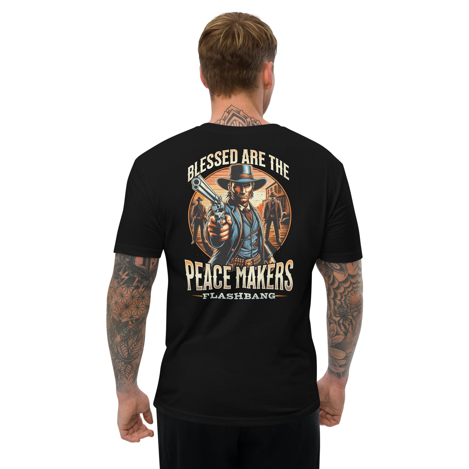 Blessed Are The Peacemakers T-shirt featuring a cowboy graphic, honoring peacekeepers with a bold western design for men - Back View - Black - Model Guy