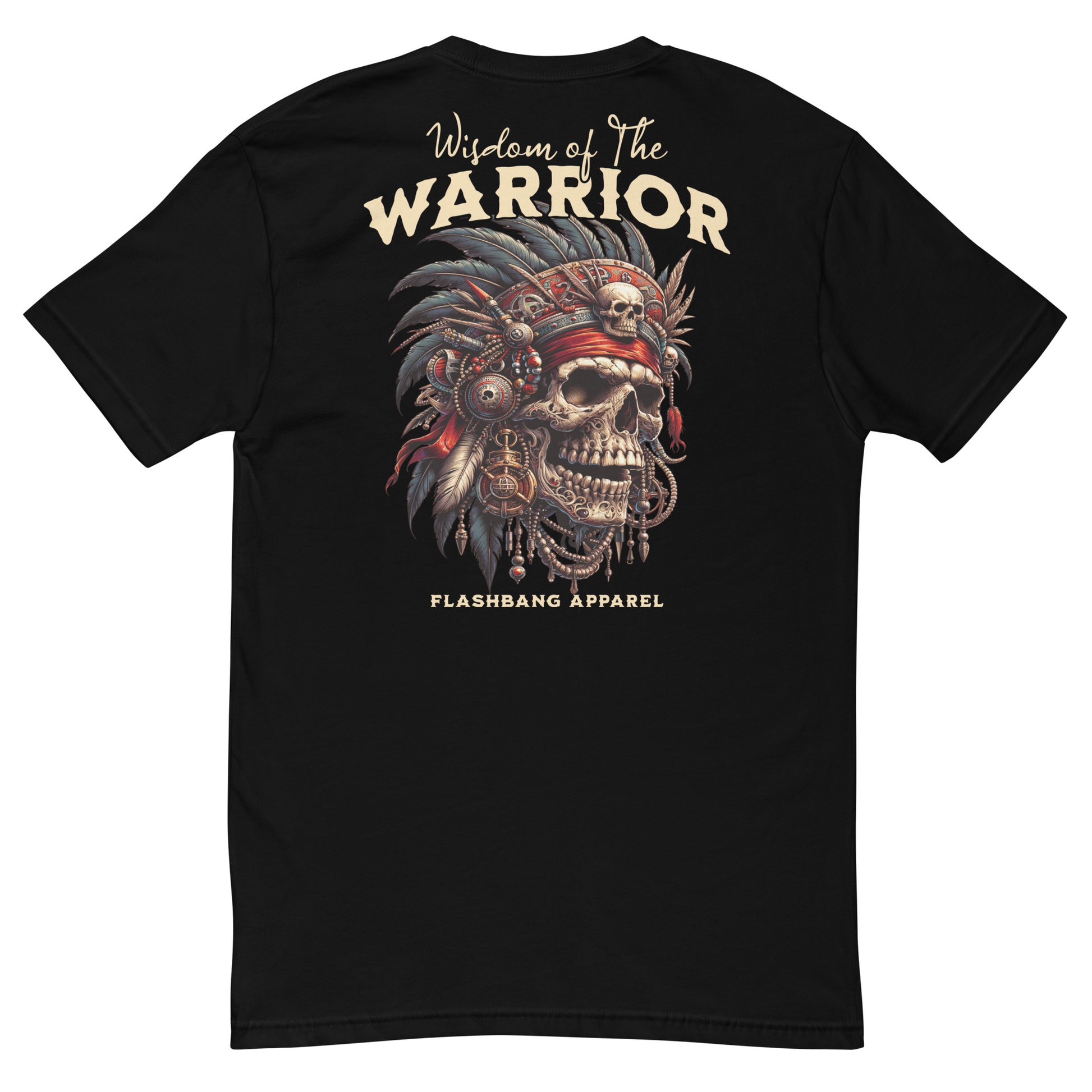 Wisdom Of The Warrior T-shirt featuring bold warrior skull artwork, unique tribal style, and detailed warrior t shirt designs - Back View - Black