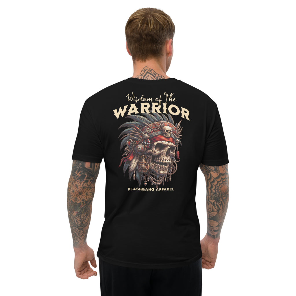 Wisdom Of The Warrior T-shirt featuring bold warrior skull artwork, unique tribal style, and detailed warrior t shirt designs - Back View - Black - Model Guy