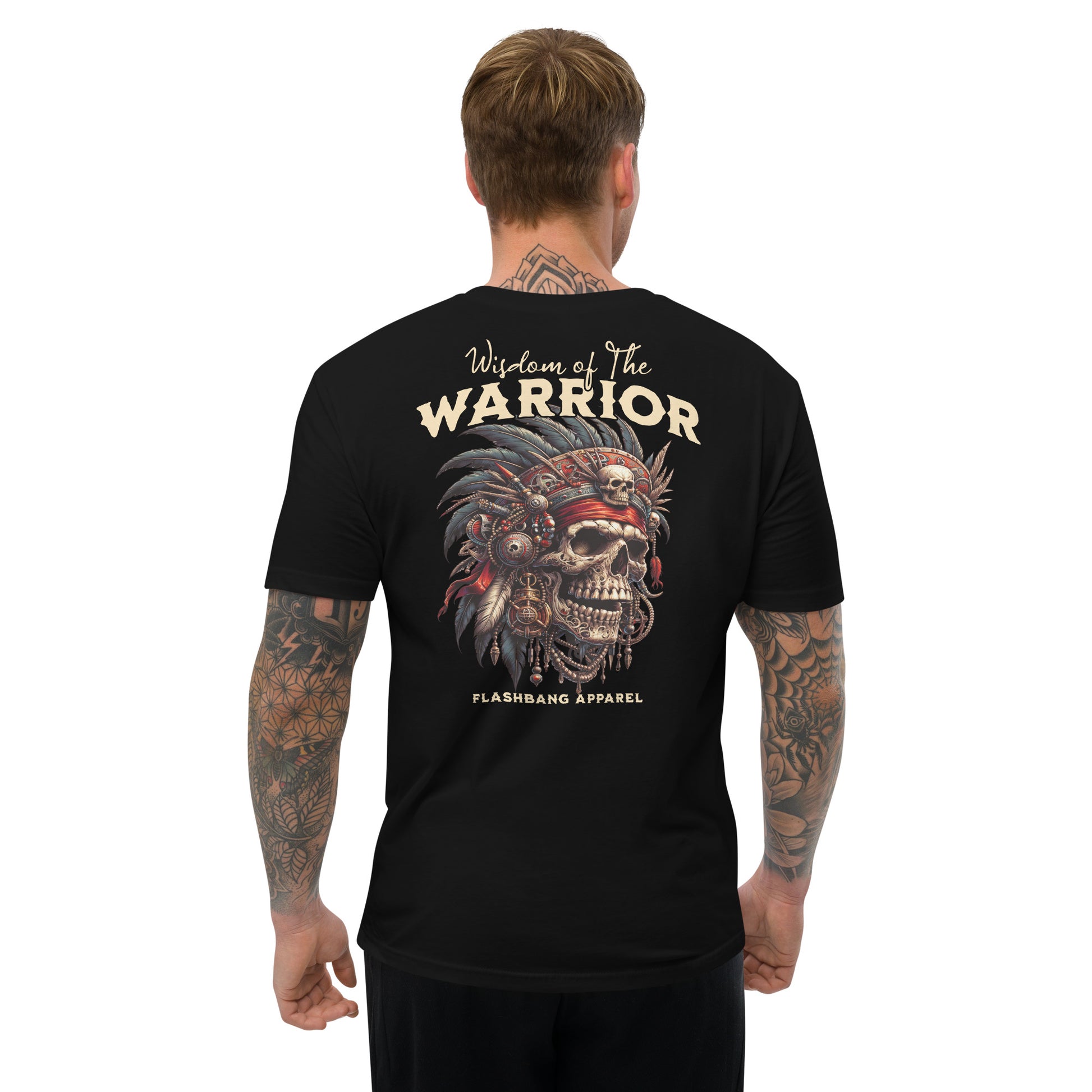 Wisdom Of The Warrior T-shirt featuring bold warrior skull artwork, unique tribal style, and detailed warrior t shirt designs - Back View - Black - Model Guy