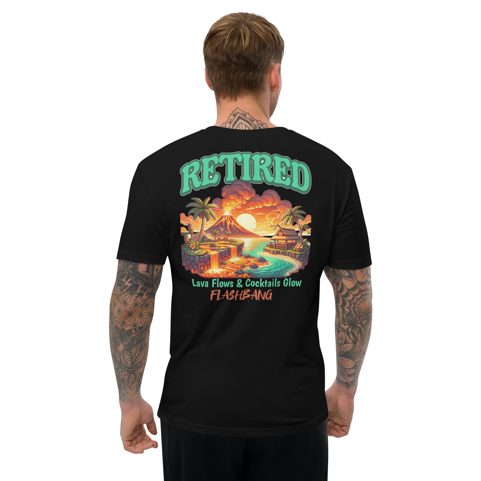 Man wearing a black t-shirt with a colorful graphic and text on the back