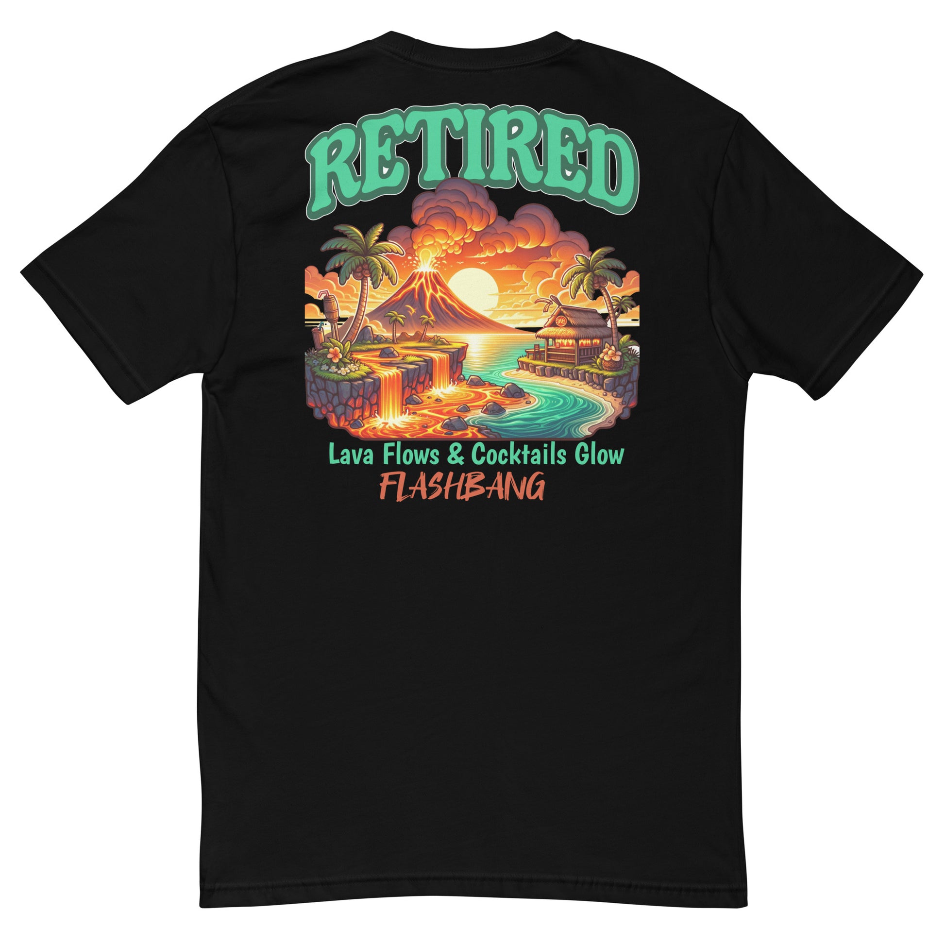 Black t-shirt with a colorful graphic design on the back featuring text and a tropical scene.