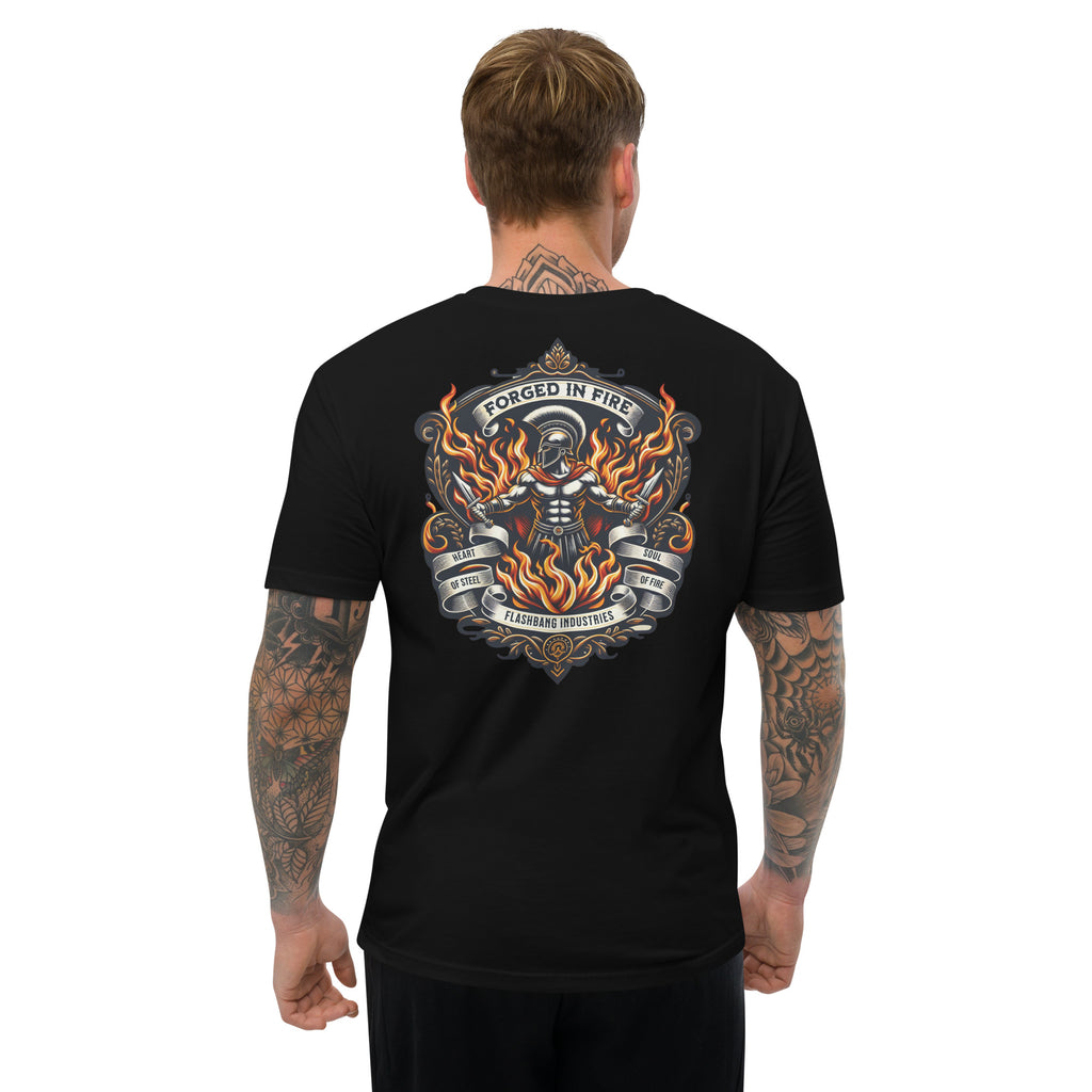 Forged in Fire Lite T-shirt featuring Spartan graphic, ideal for firefighters and those who embody strength and courage - Back View - Black - Model Guy