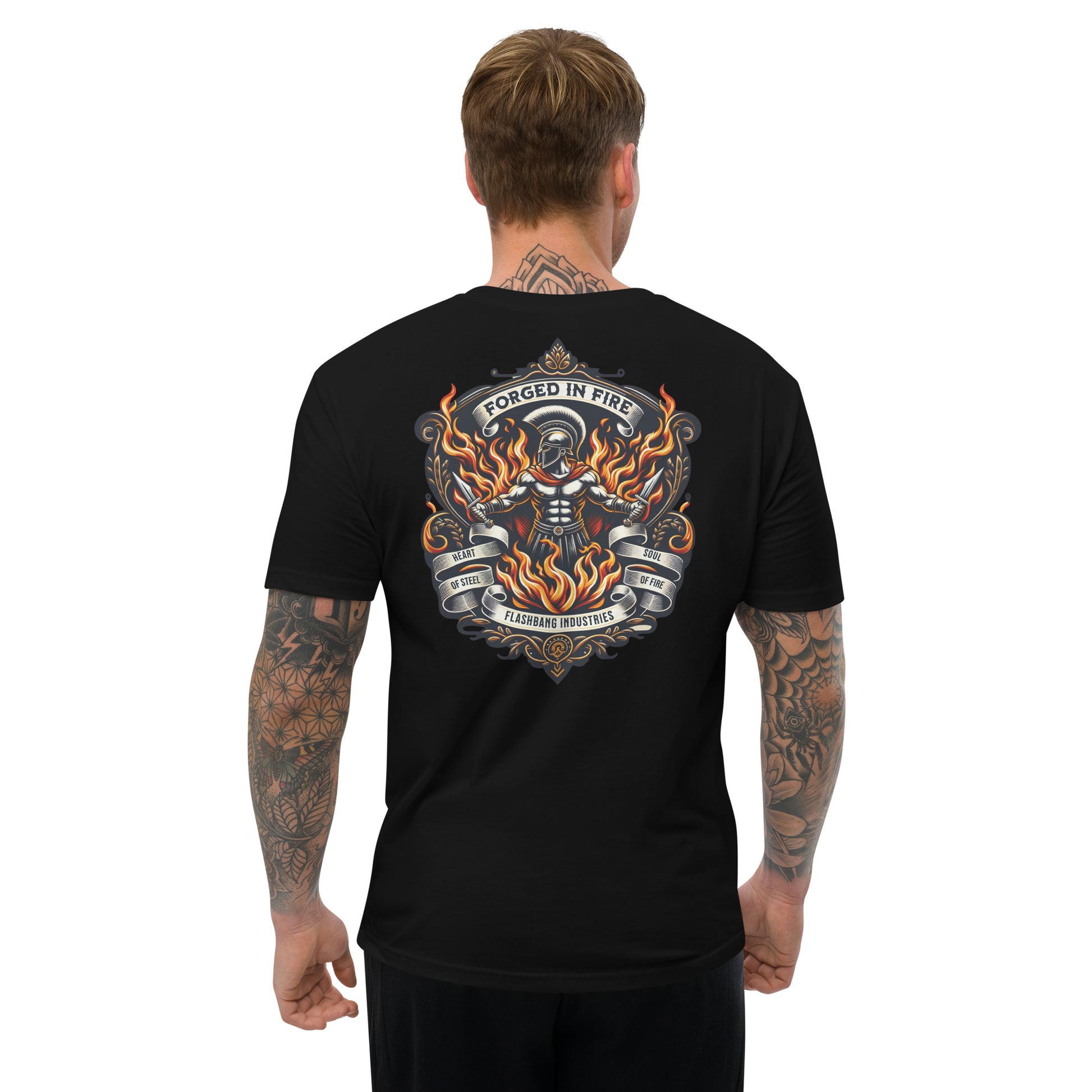 Forged in Fire Lite T-shirt featuring Spartan graphic, ideal for firefighters and those who embody strength and courage - Back View - Black - Model Guy