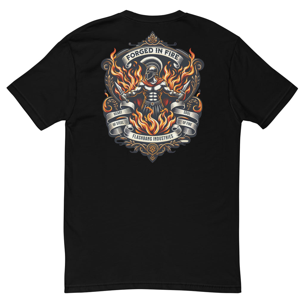 Forged in Fire Lite T-shirt featuring Spartan graphic, ideal for firefighters and those who embody strength and courage - Back View - Black