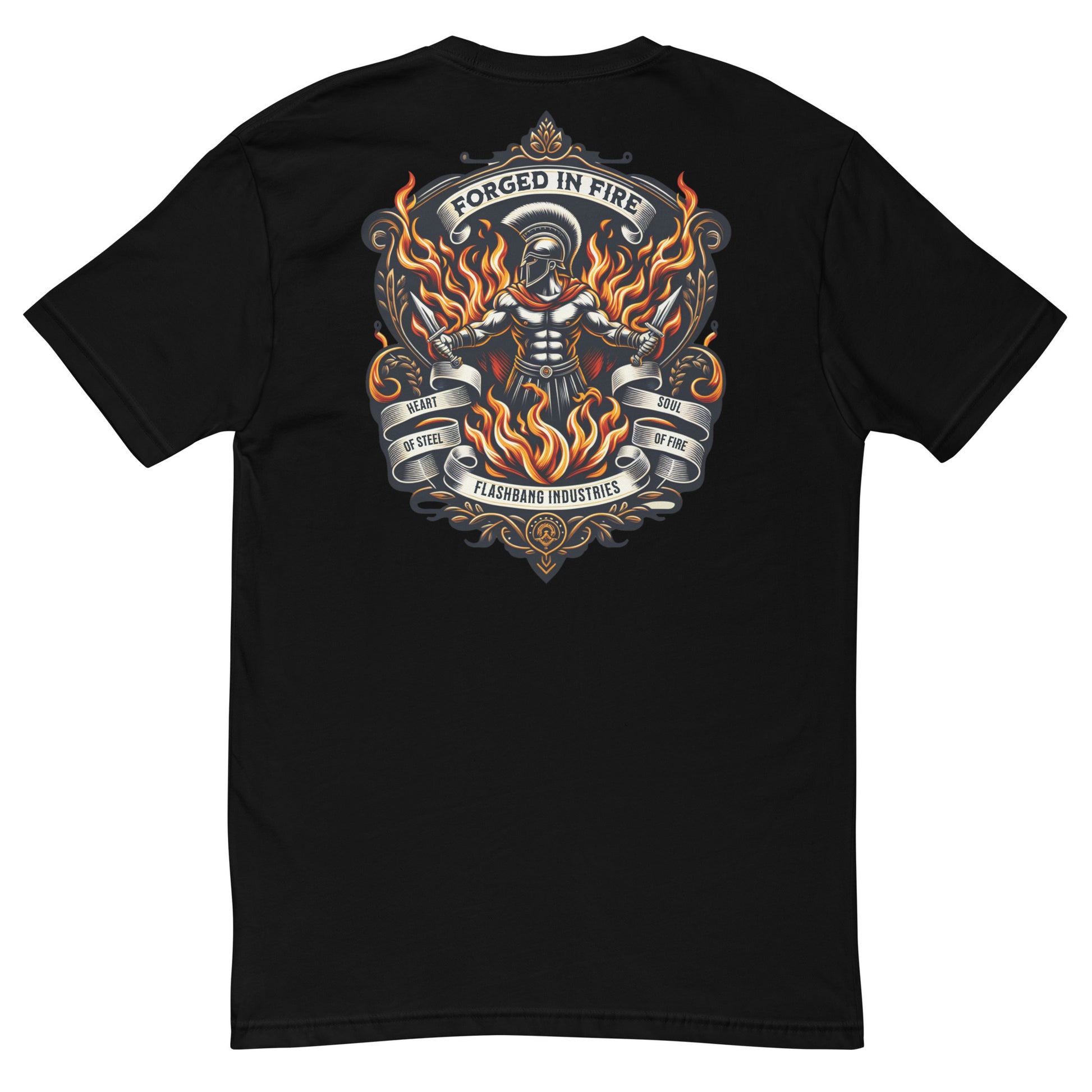 Forged in Fire Lite T-shirt featuring Spartan graphic, ideal for firefighters and those who embody strength and courage - Back View - Black
