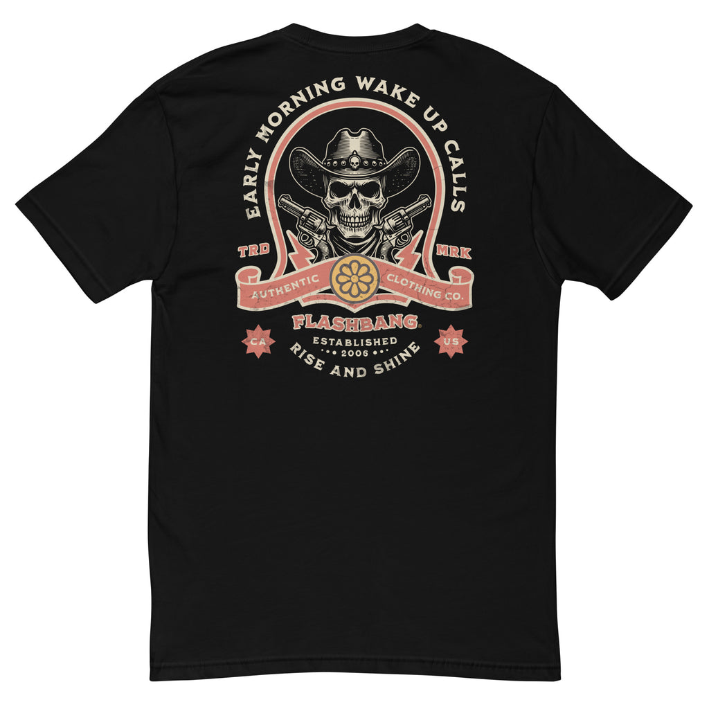 Wake Up Call T-shirt with bold cowboy-inspired western graphic design, rugged western style shirt for men - Back View - Black