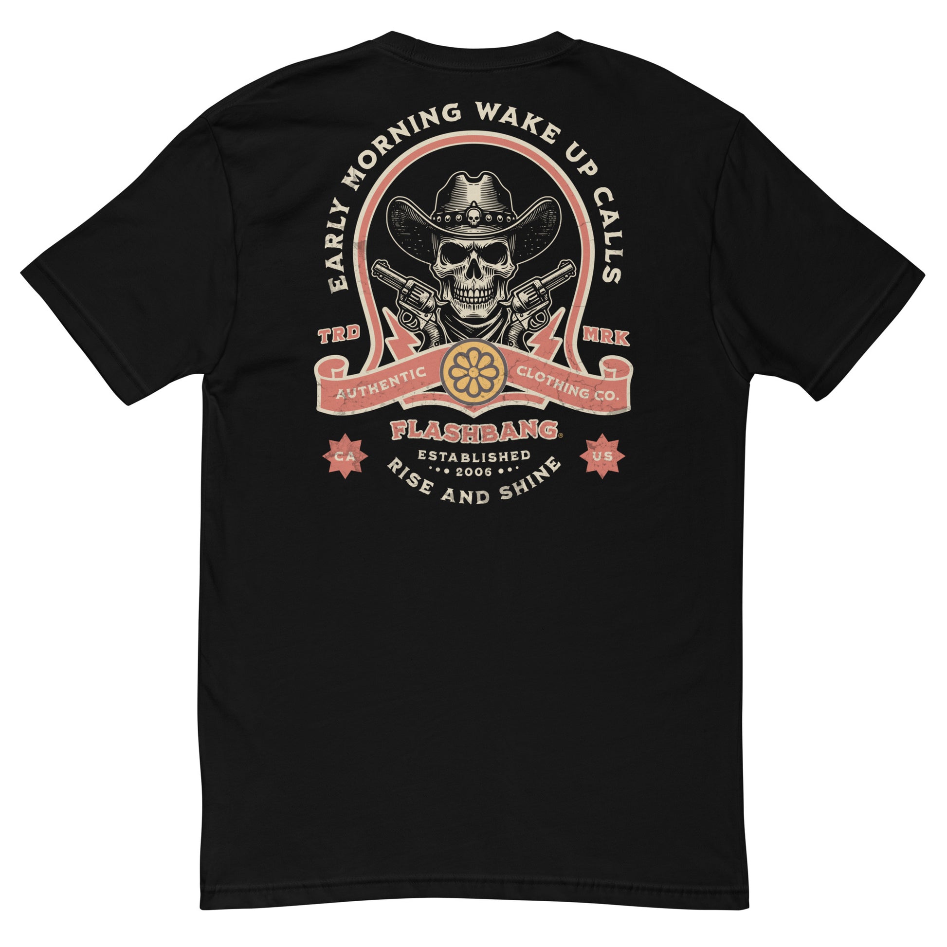 Wake Up Call T-shirt with bold cowboy-inspired western graphic design, rugged western style shirt for men - Back View - Black