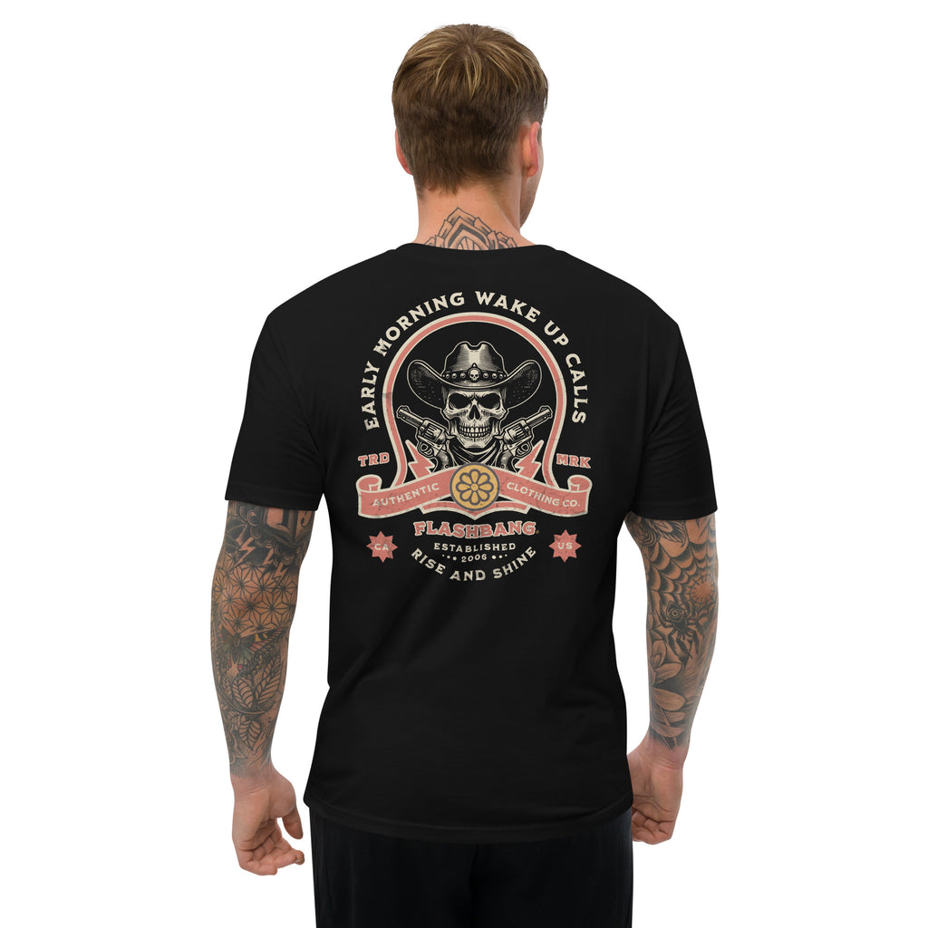 Wake Up Call T-shirt with bold cowboy-inspired western graphic design, rugged western style shirt for men - Back View - Black - Model Guy