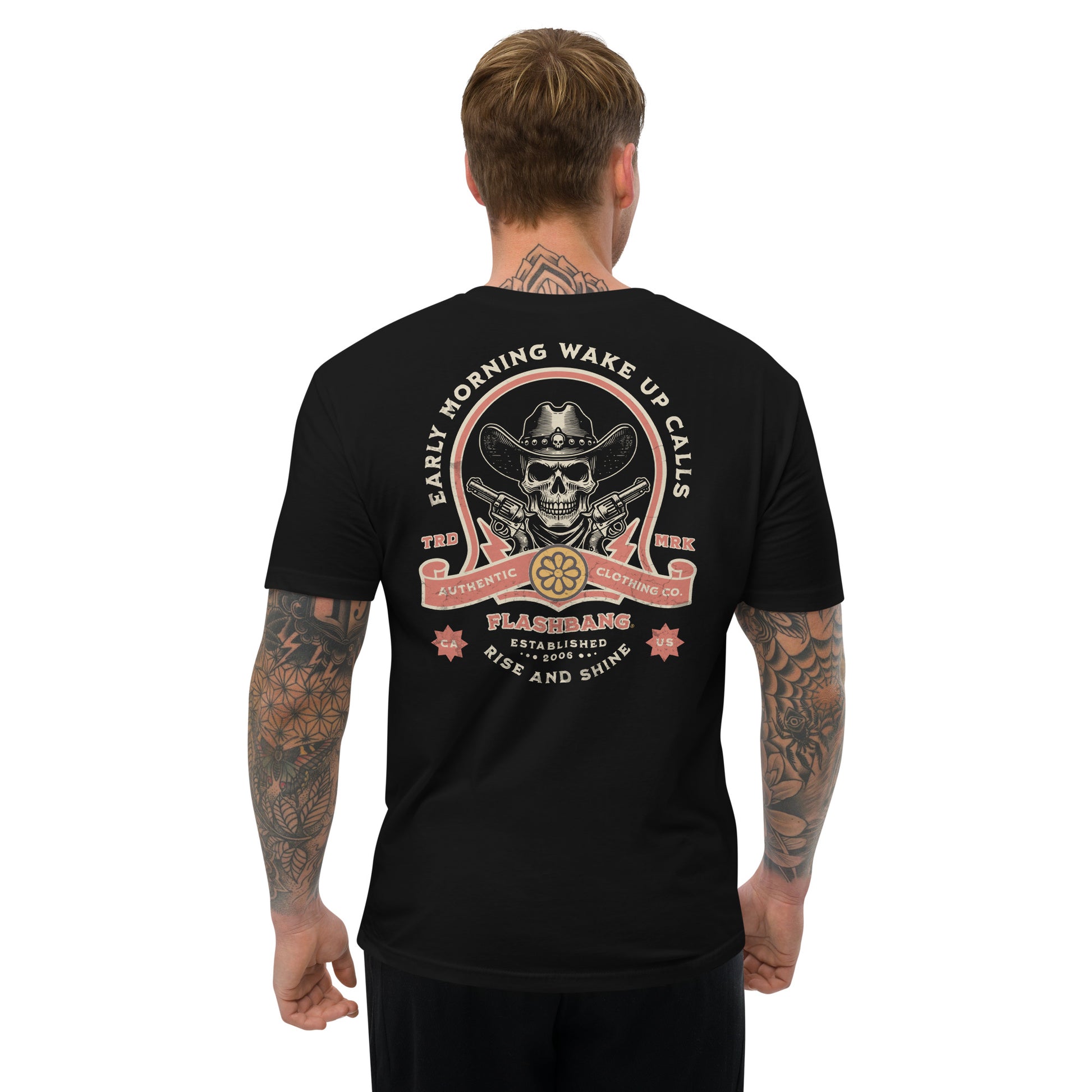 Wake Up Call T-shirt with bold cowboy-inspired western graphic design, rugged western style shirt for men - Back View - Black - Model Guy