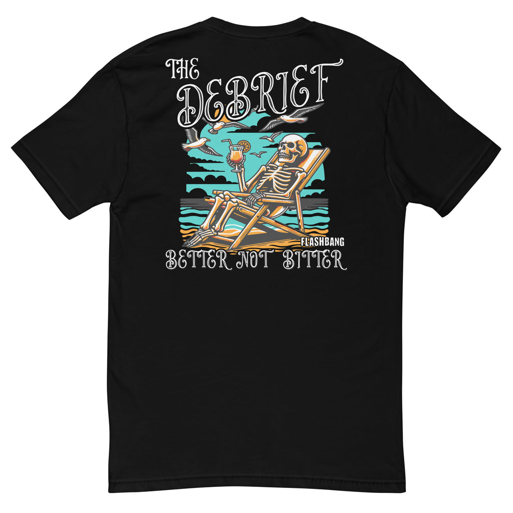 Black t-shirt with a skeleton design and text on the back, displayed on a white background.