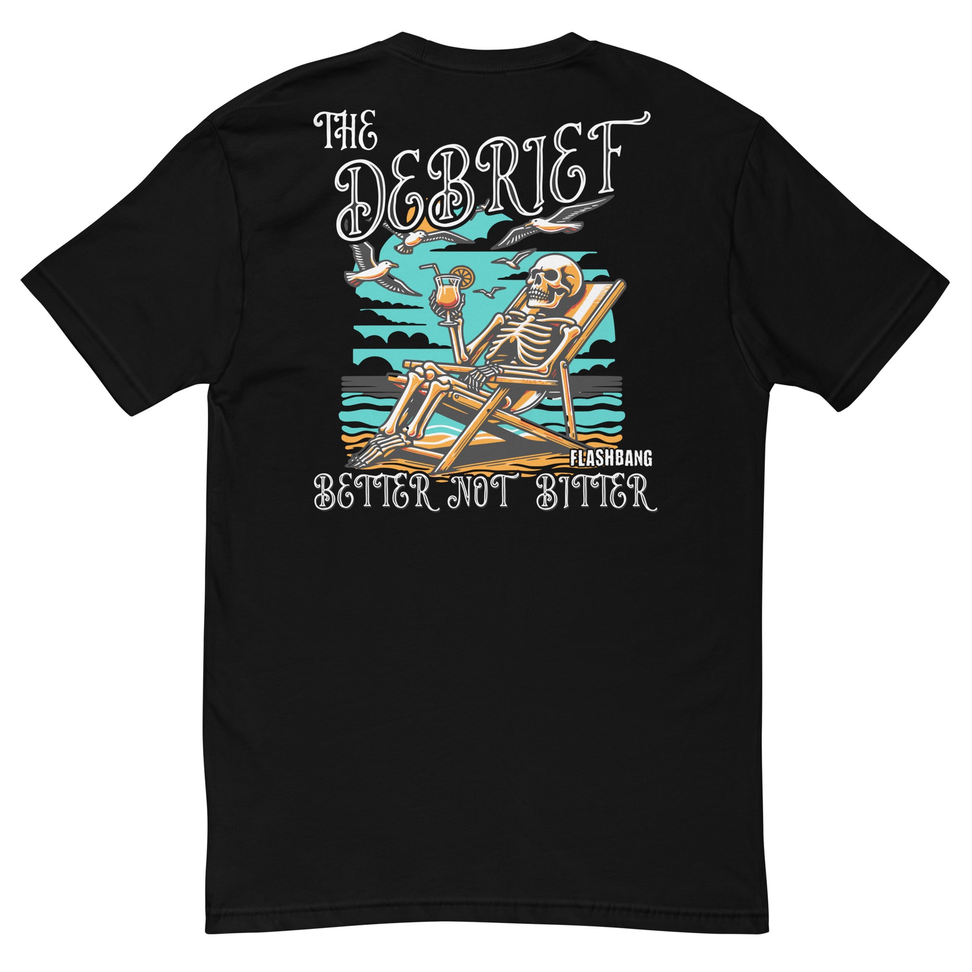 Black t-shirt with a skeleton design and text on the back, displayed on a white background.