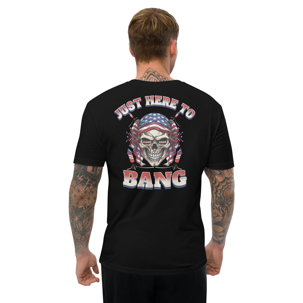 Black t-shirt with a graphic design on the back featuring a skull and American flag, worn by a person.