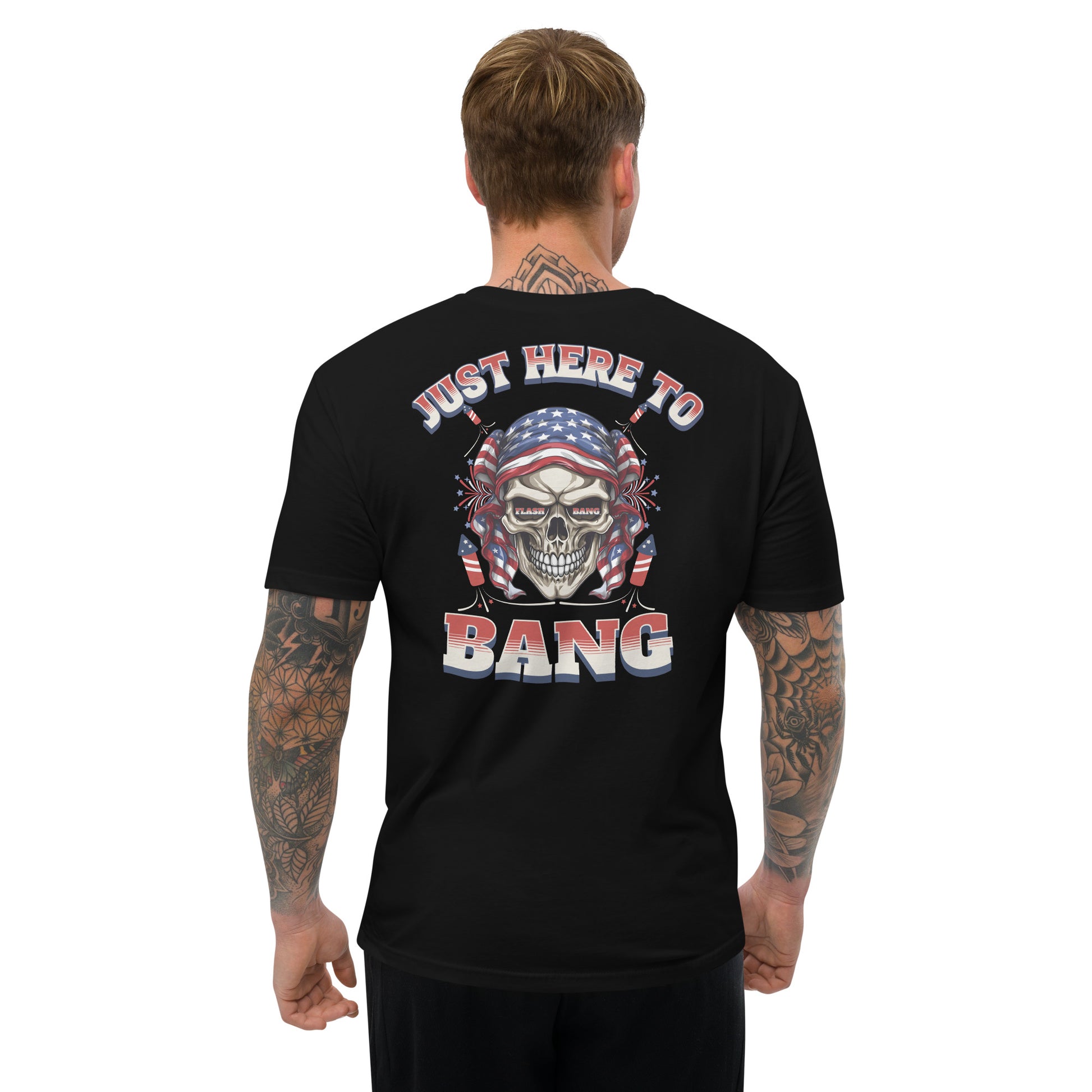 Black t-shirt with a graphic design on the back featuring a skull and American flag, worn by a person.