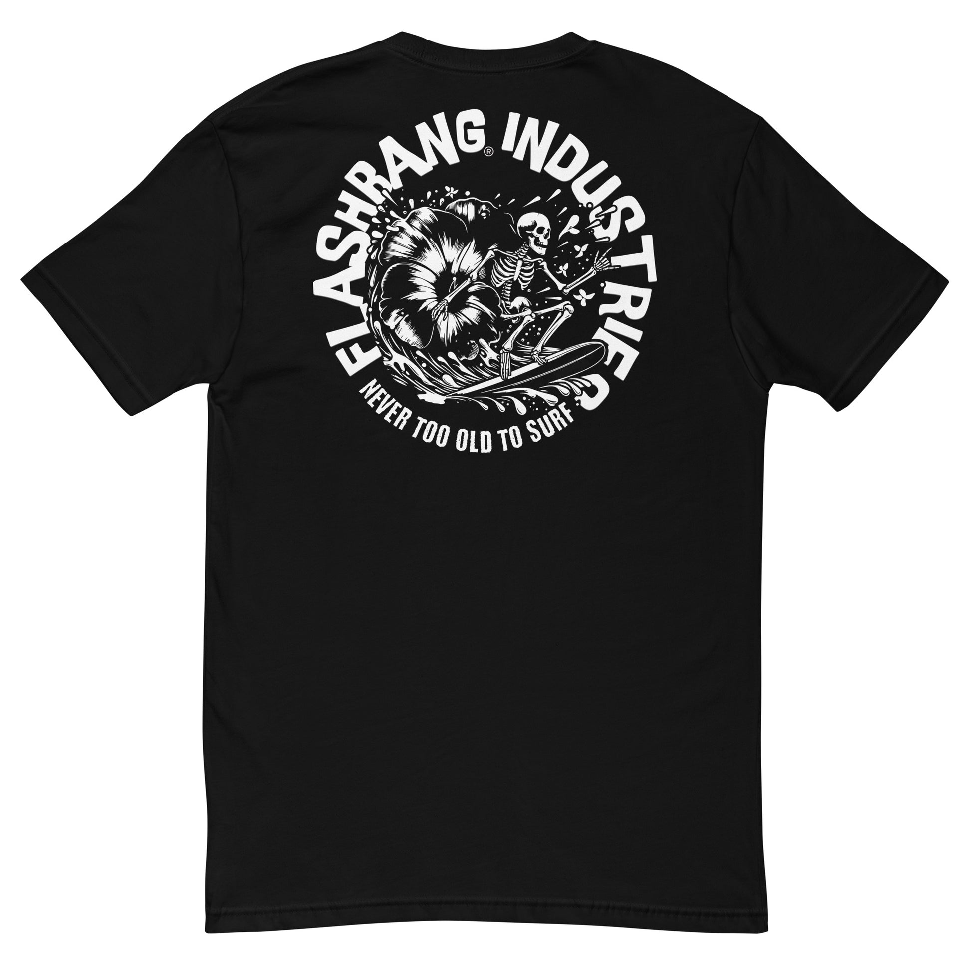 Black t-shirt with white graphic design and text on a white background