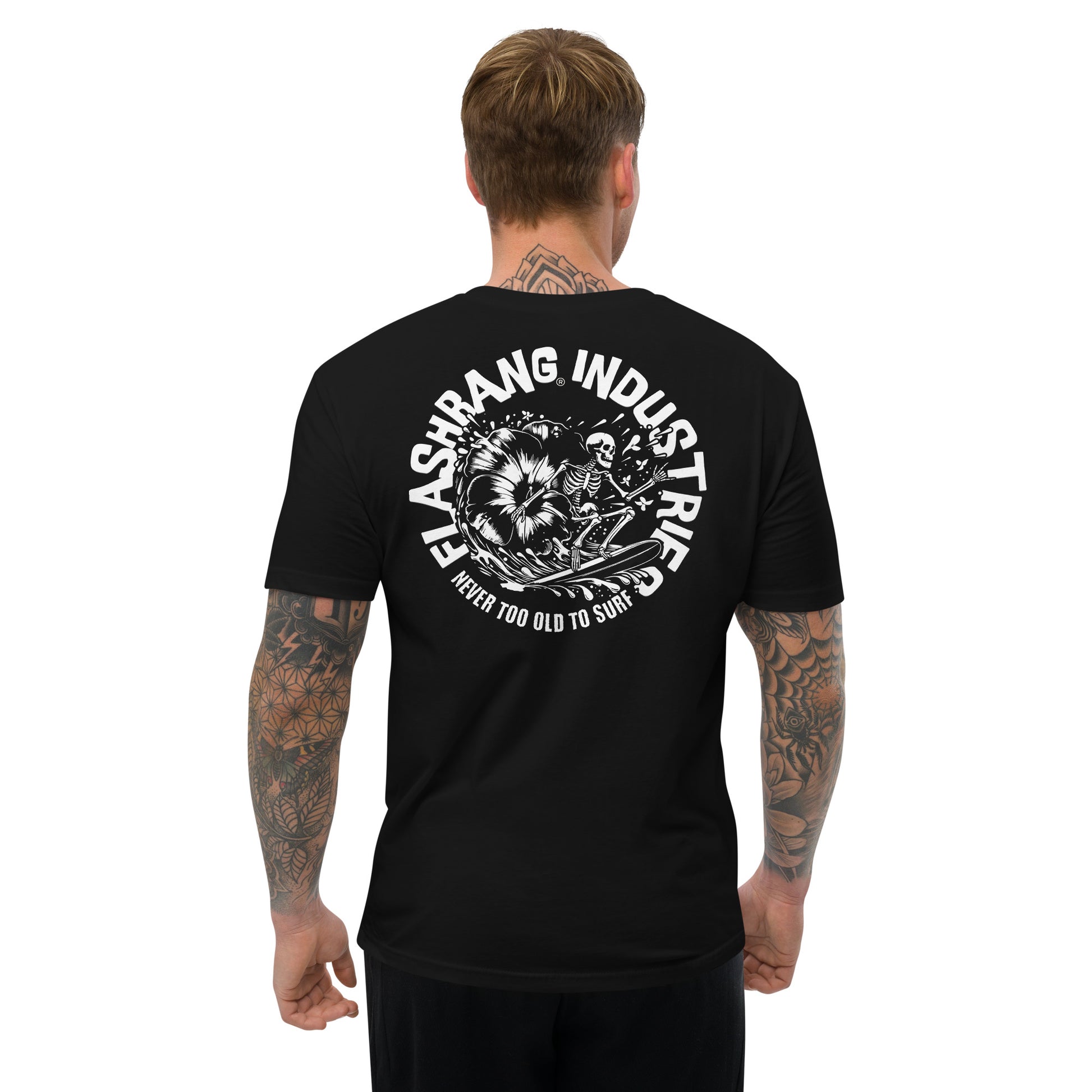 Man wearing a black t-shirt with white graphic design and text on the back, on a white background.