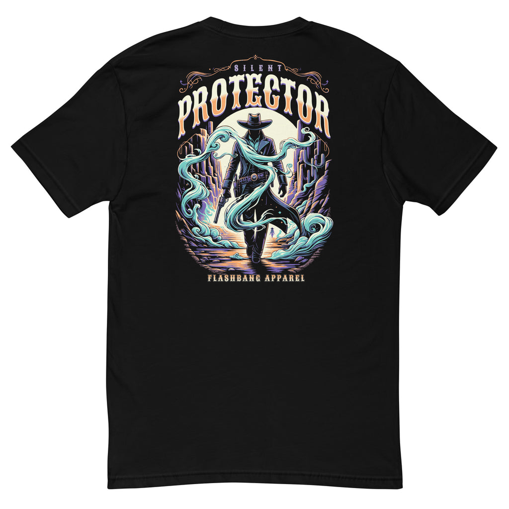 Black t-shirt with a colorful graphic of a cowboy and text on the back, on a white background.
