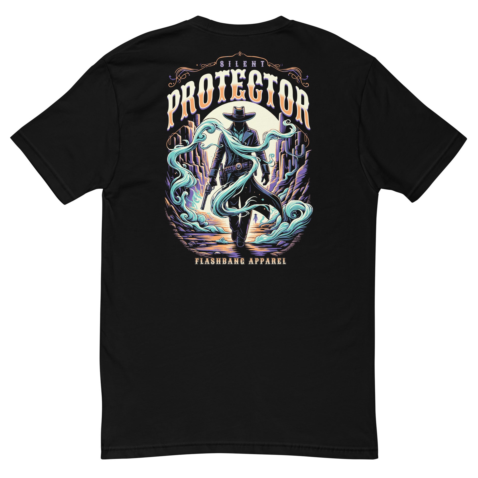 Black t-shirt with a colorful graphic of a cowboy and text on the back, on a white background.