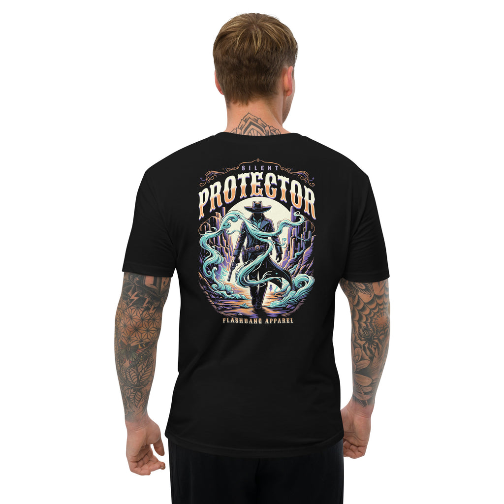 Black t-shirt with 'Silent Protector' graphic design on a white background