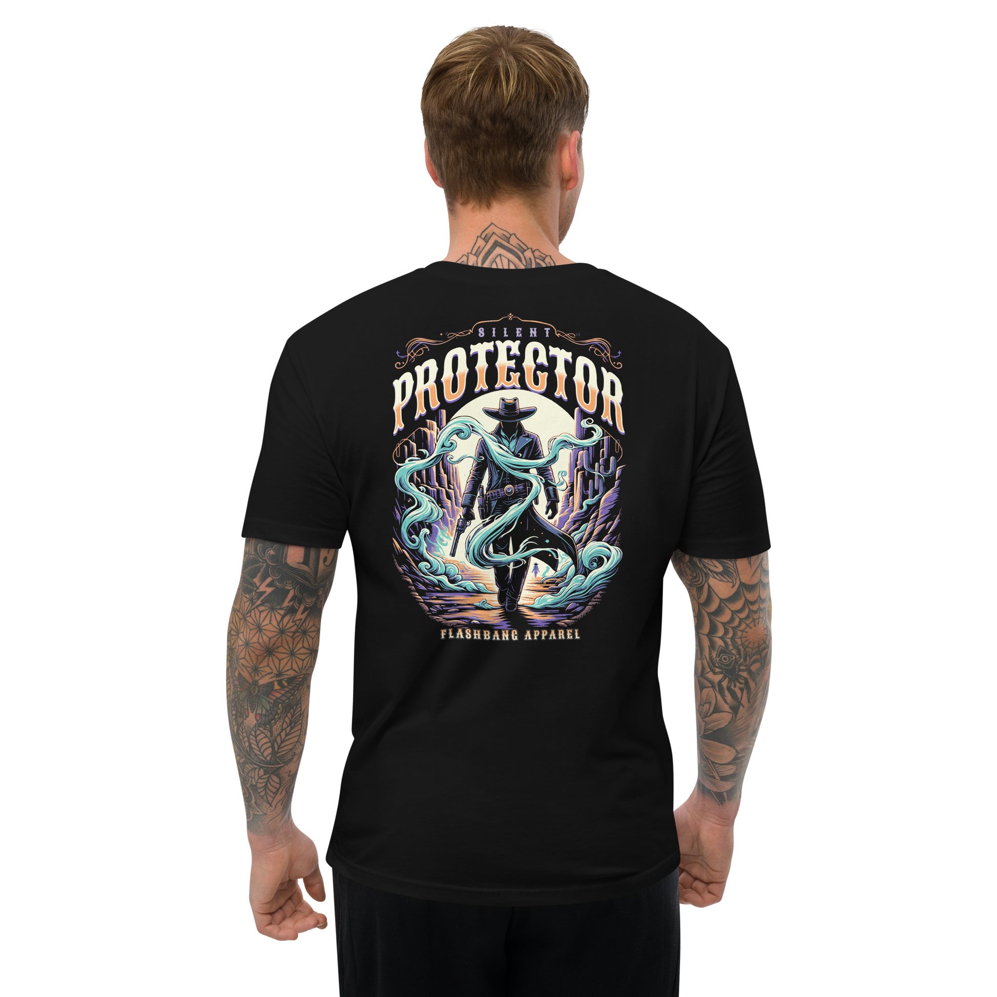 Black t-shirt with 'Silent Protector' graphic design on a white background