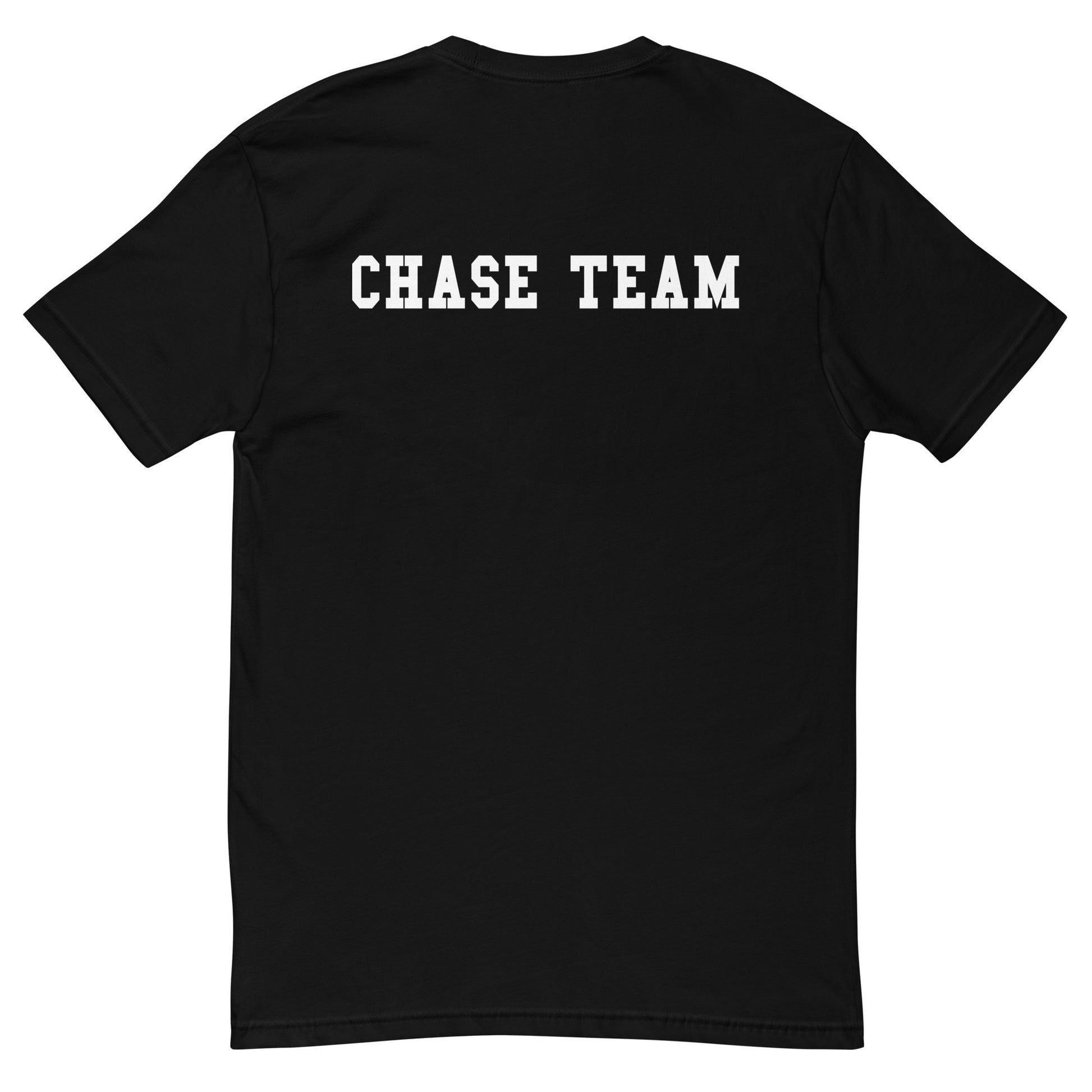 Black t-shirt with 'CHASE TEAM' text on the back against a white background