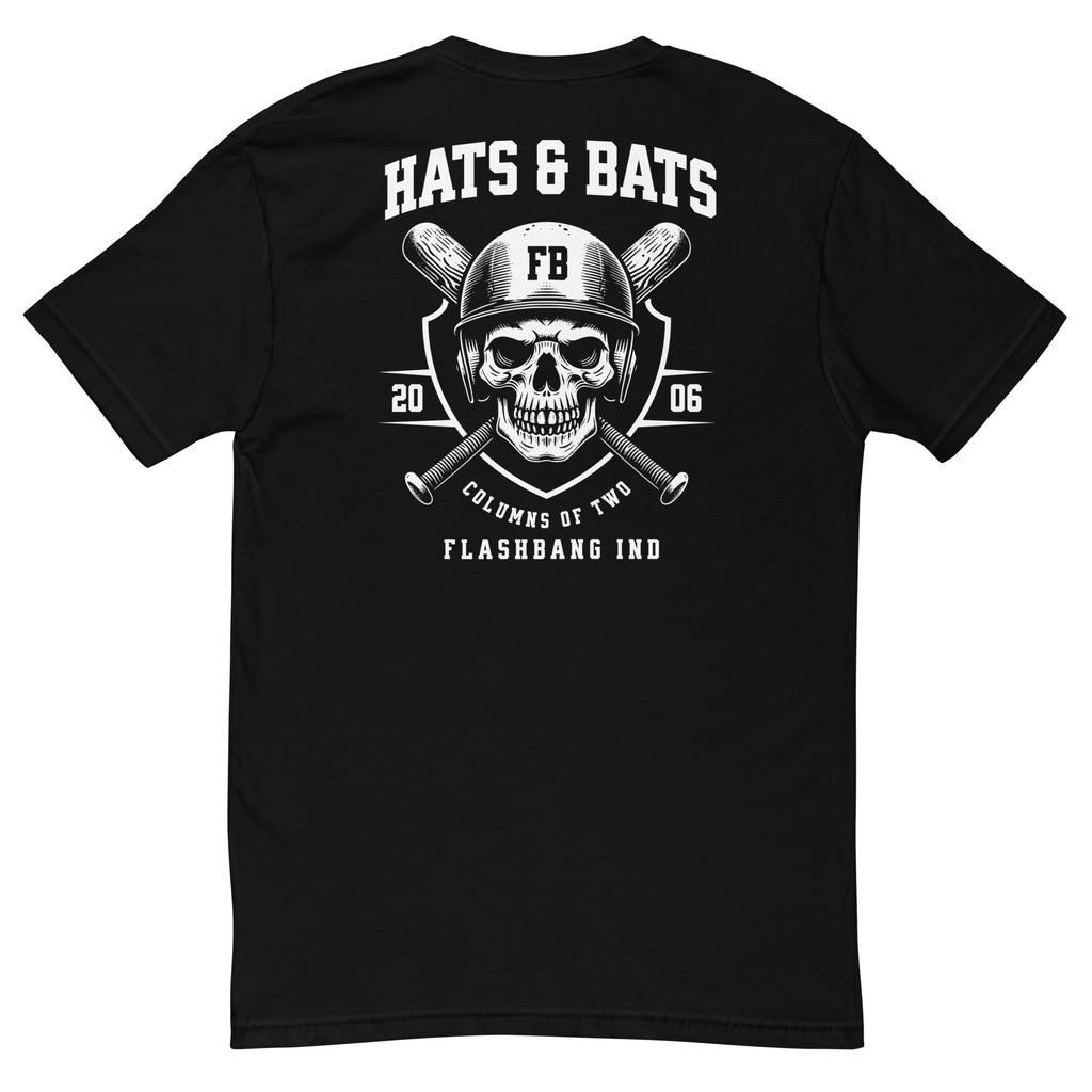 Black t-shirt with a skull wearing a baseball cap and crossed bats design on the back.