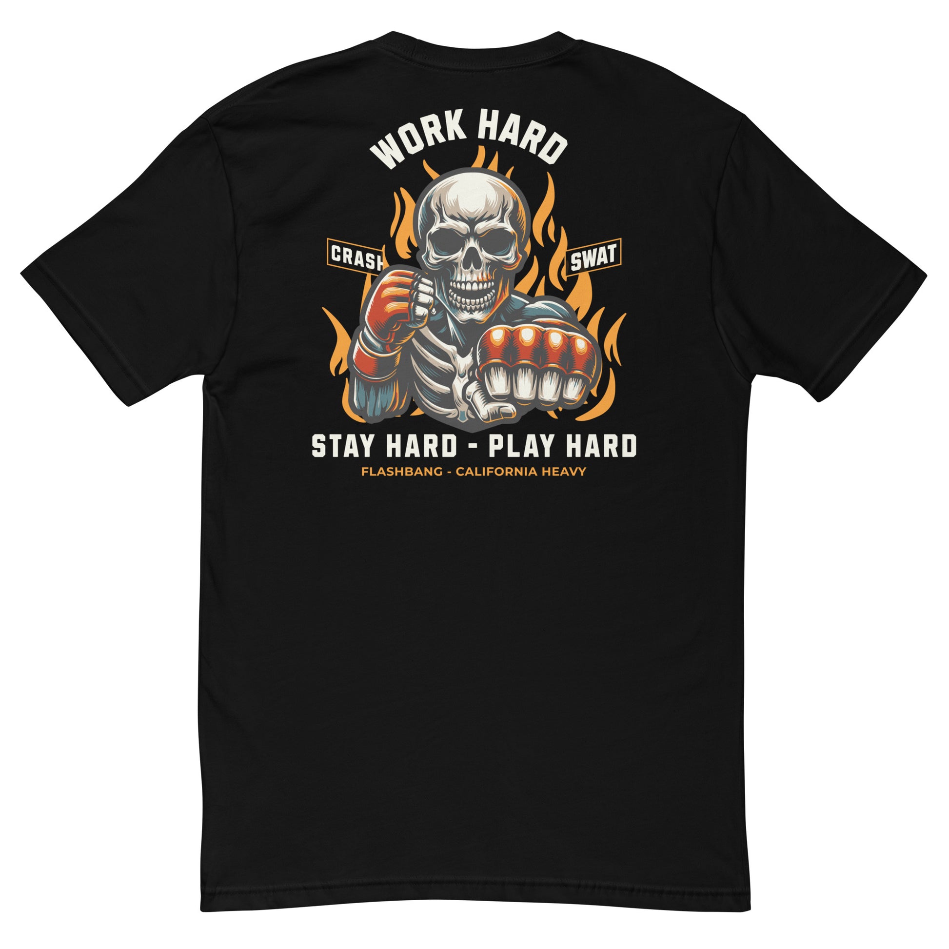 Black t-shirt with a skeleton design and text on the back, displayed on a white background.