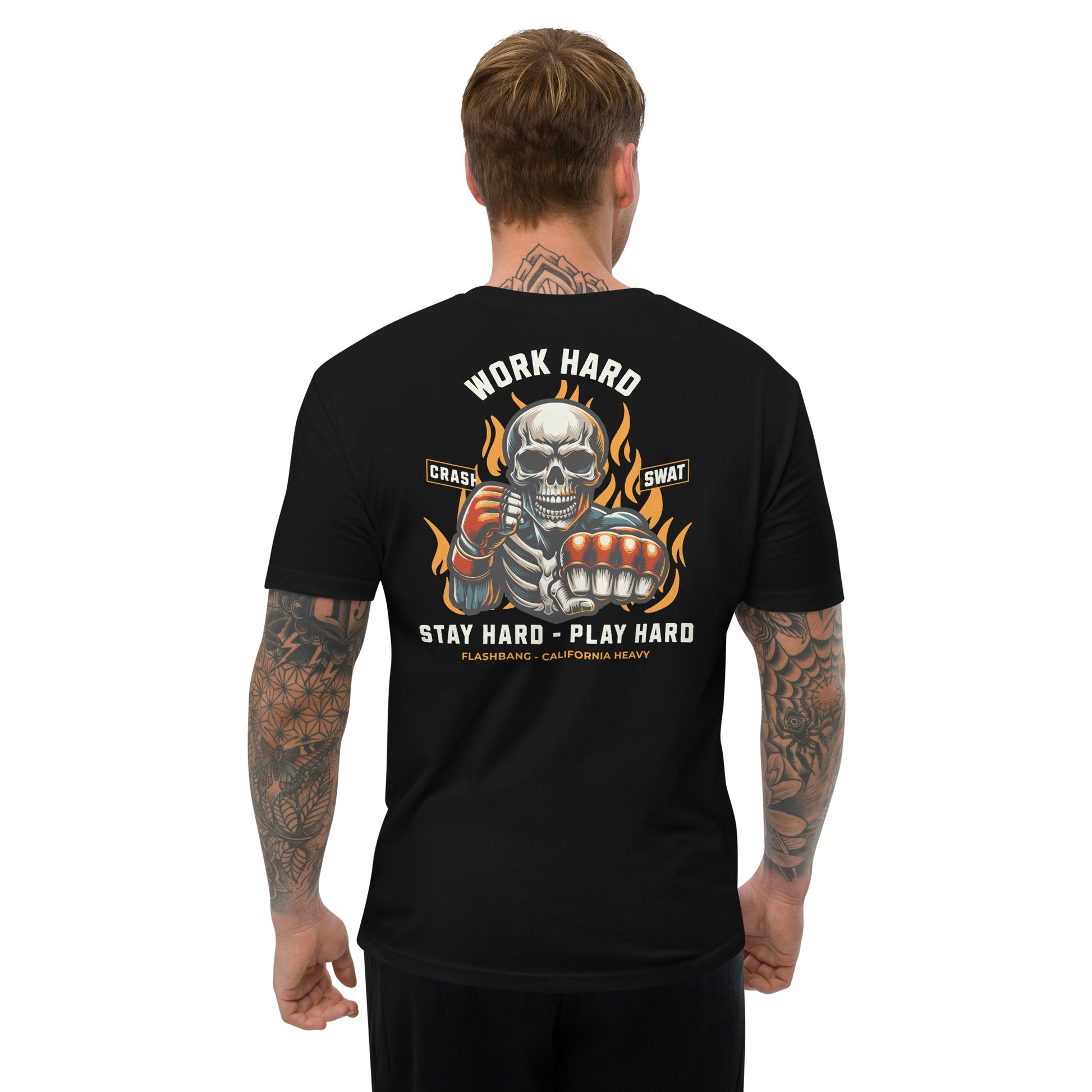 Black t-shirt with a graphic design on the back featuring a skeleton holding boxing gloves and text.