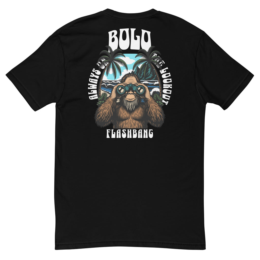 Black t-shirt with a graphic design of a bear holding binoculars and text on the back, displayed on a white background.