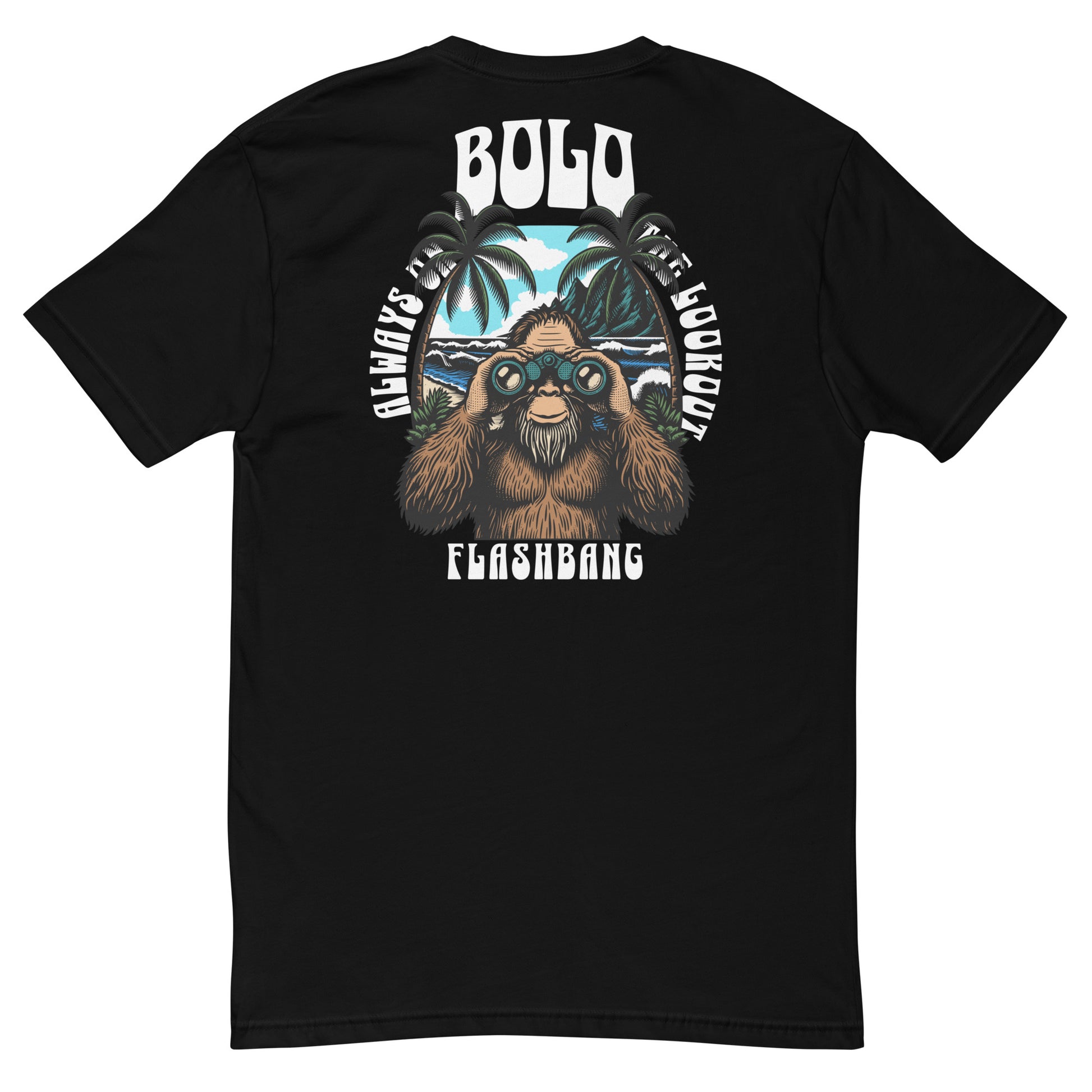 Black t-shirt with a graphic design of a bear holding binoculars and text on the back, displayed on a white background.