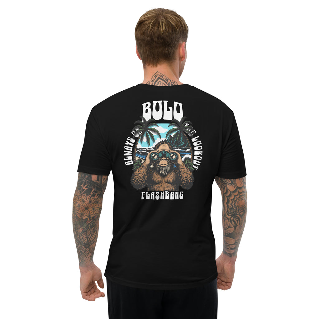 Man wearing a black t-shirt with a graphic design on the back, featuring text and a sloth character.