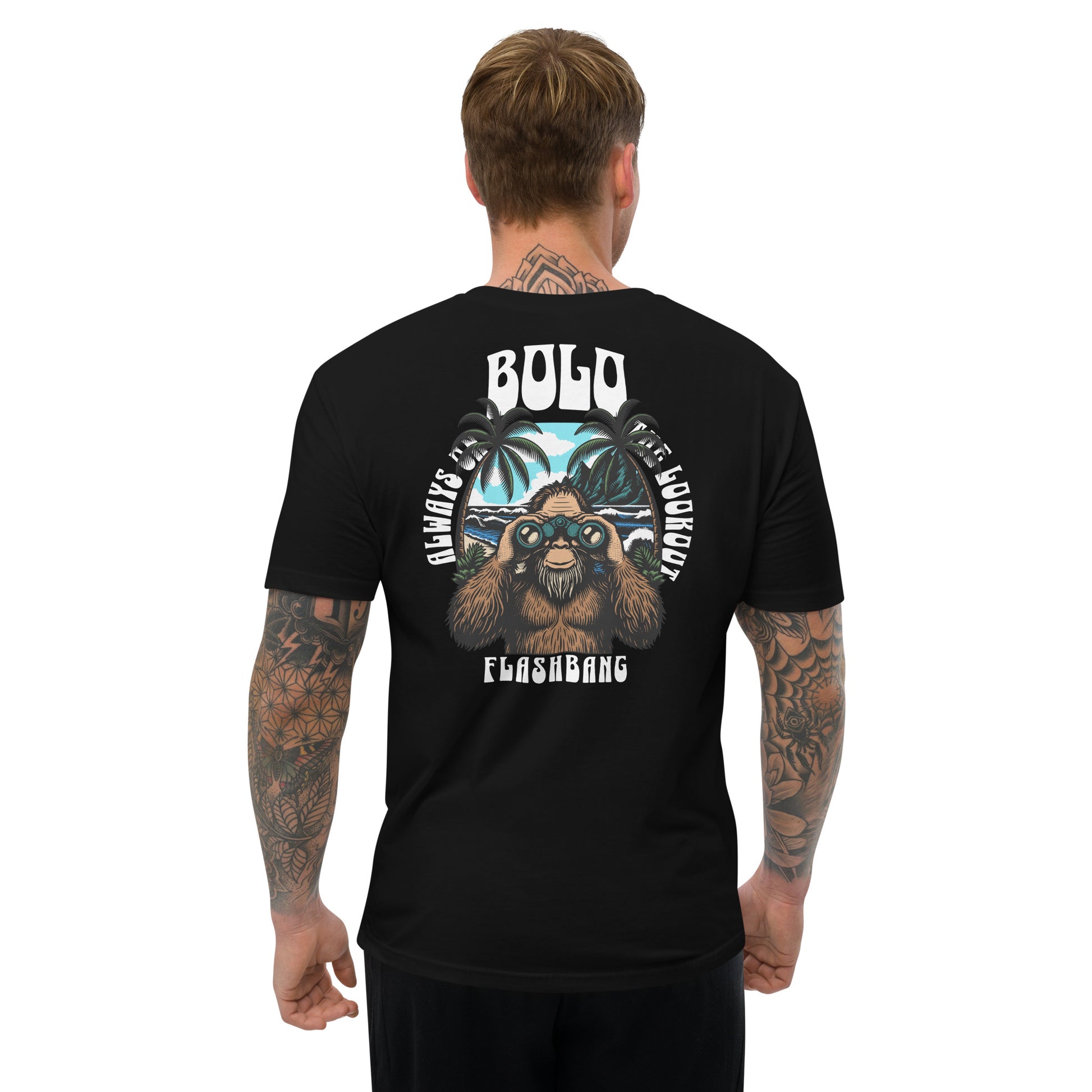 Man wearing a black t-shirt with a graphic design on the back, featuring text and a sloth character.