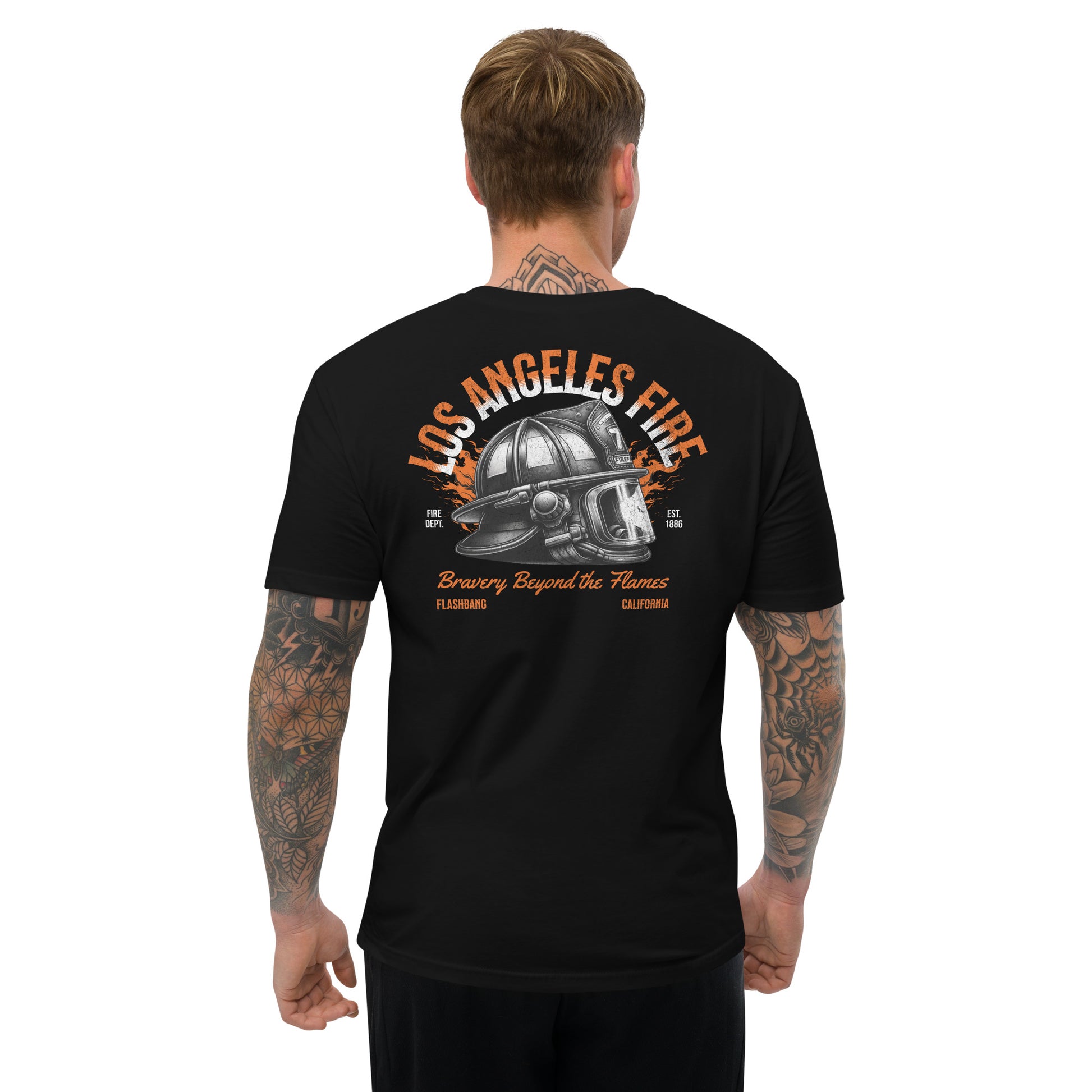 Black t-shirt with 'Los Angeles Fire' design on the back, worn by a person.