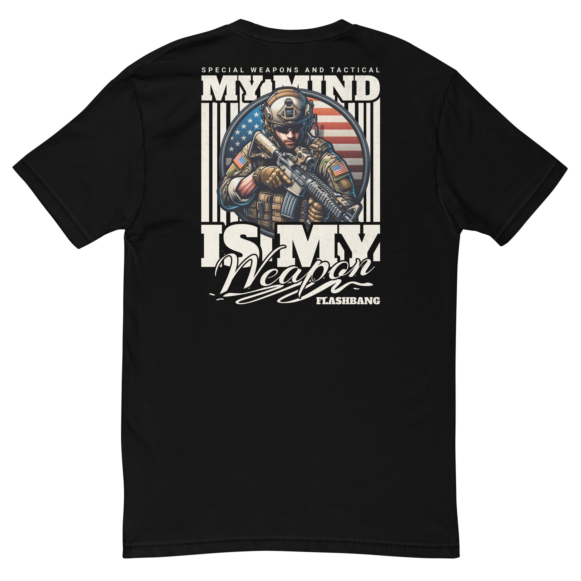 Black t-shirt with graphic design of a soldier and text on a white background