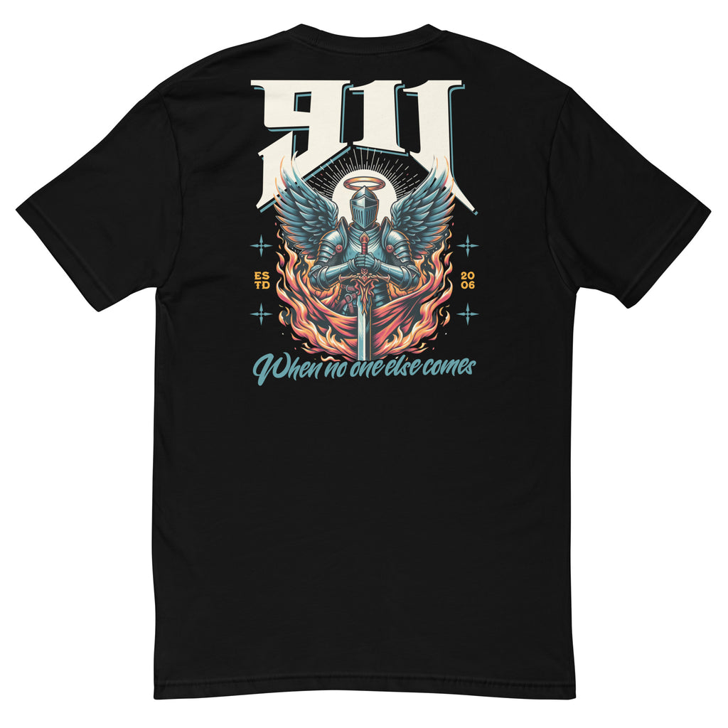 Black t-shirt with a graphic design on the back featuring an angelic figure with wings and a sword, set against a white background.