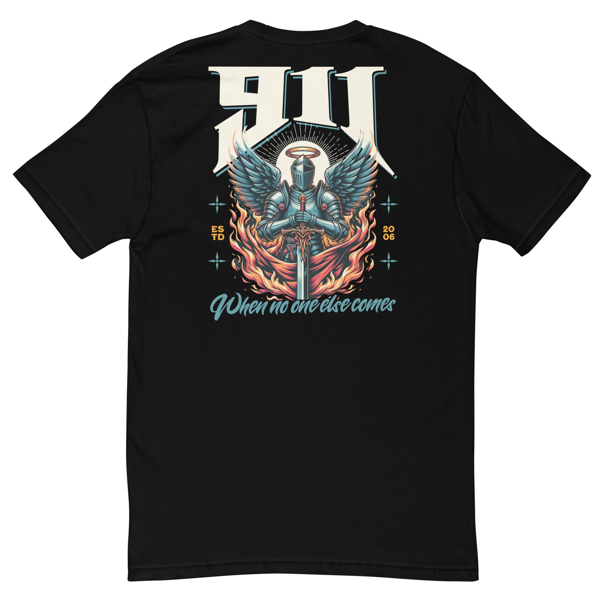 Black t-shirt with a graphic design on the back featuring an angelic figure with wings and a sword, set against a white background.