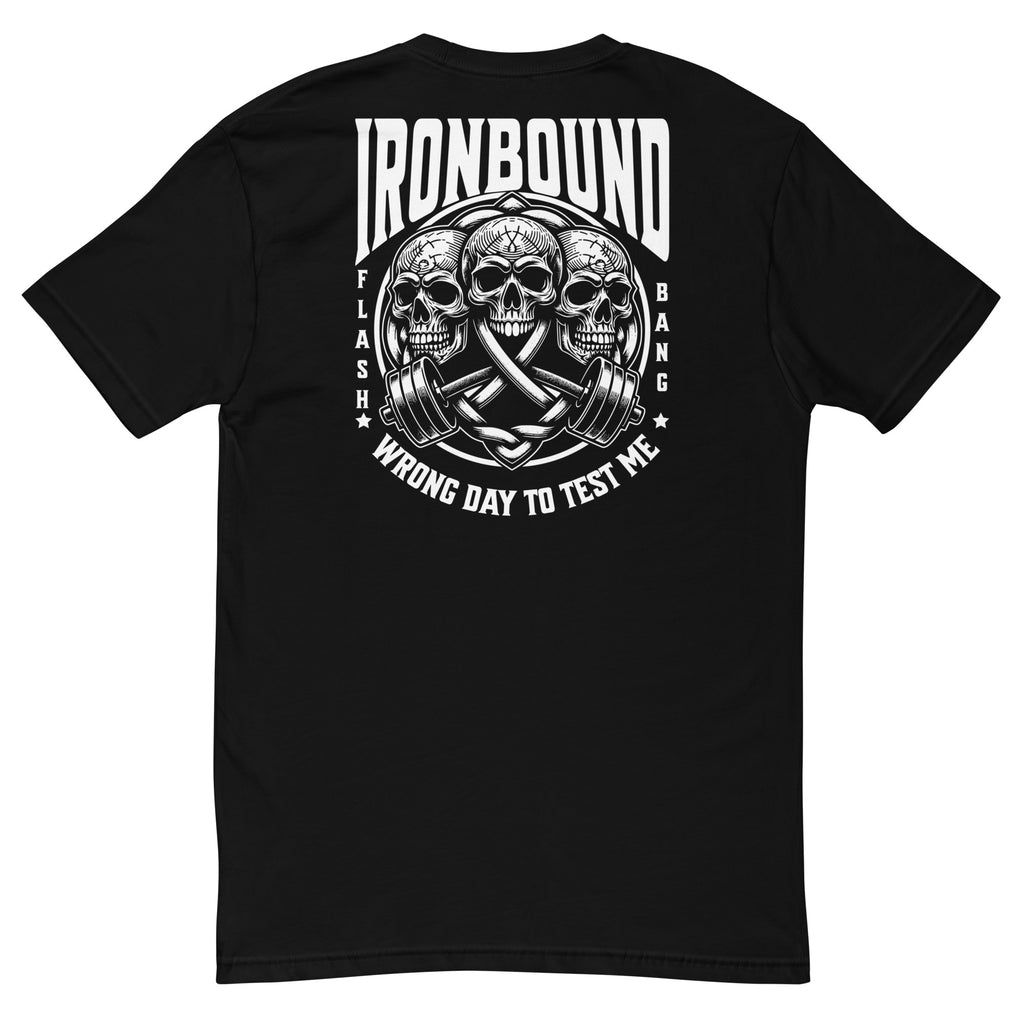 Black t-shirt with skull and barbell design on a white background