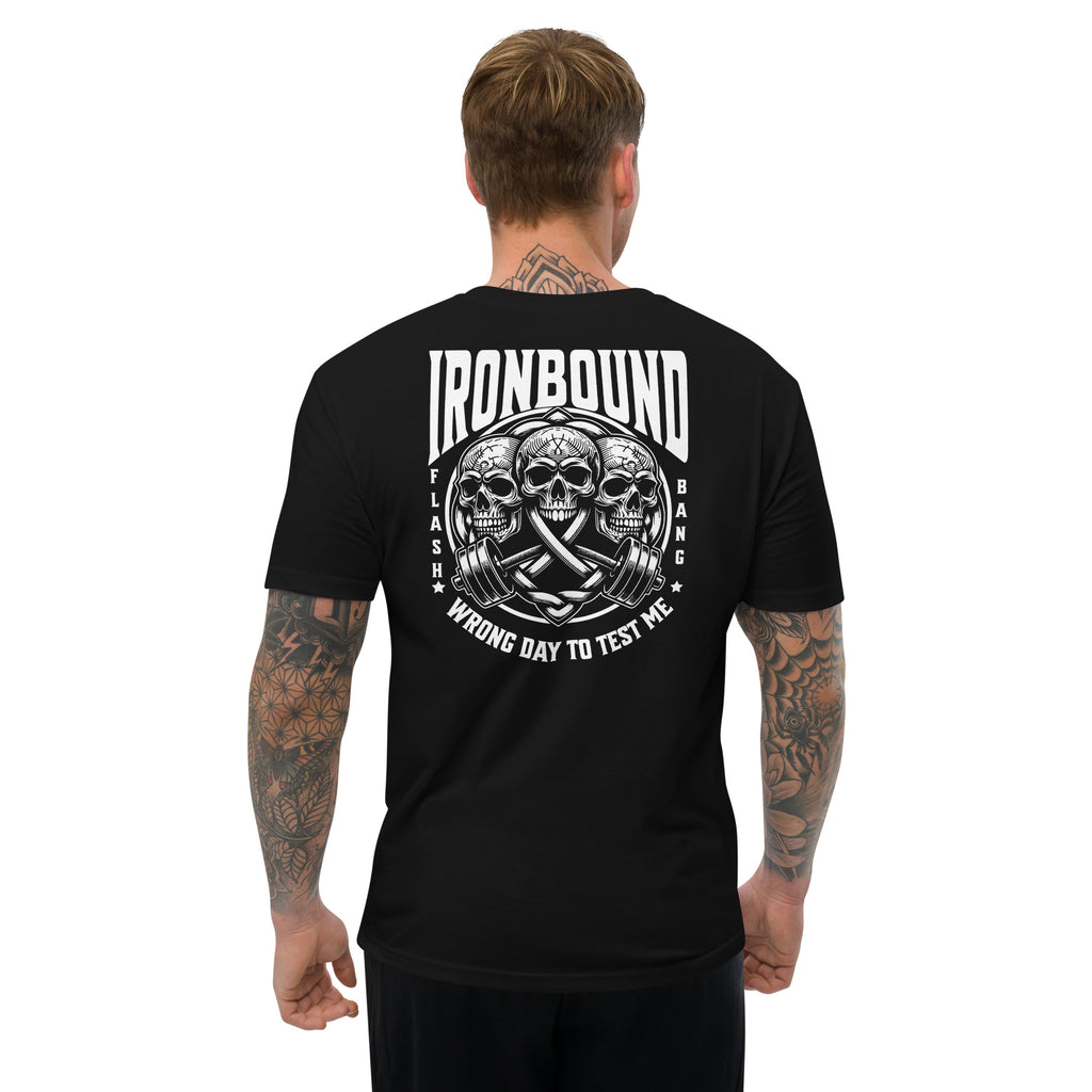 Man wearing a black t-shirt with 'Ironbound' design on the back, on a white background