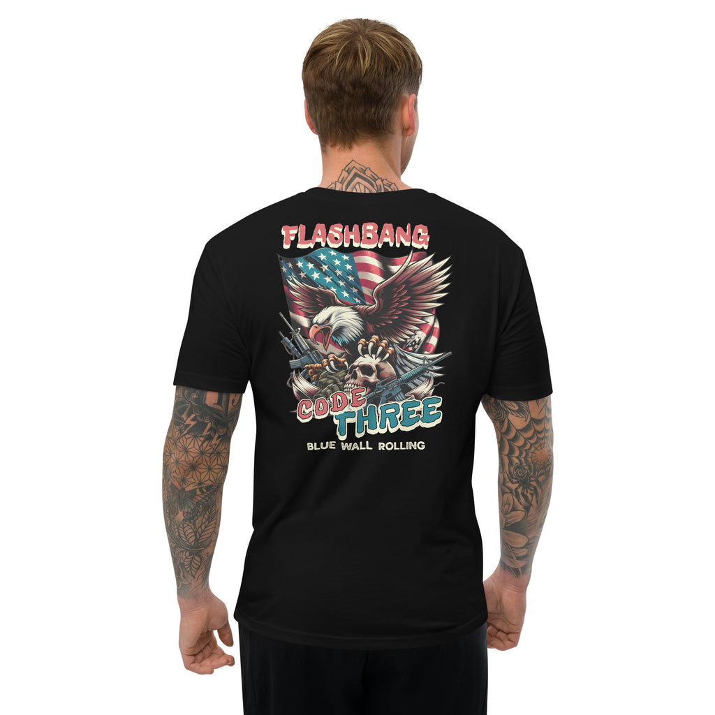 Man wearing a black t-shirt with a graphic design on the back, featuring an eagle and text.