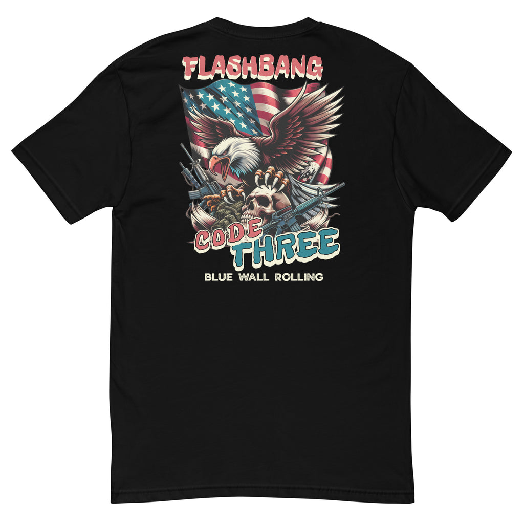 Black t-shirt with graphic design featuring an American flag, eagle, and text on a white background