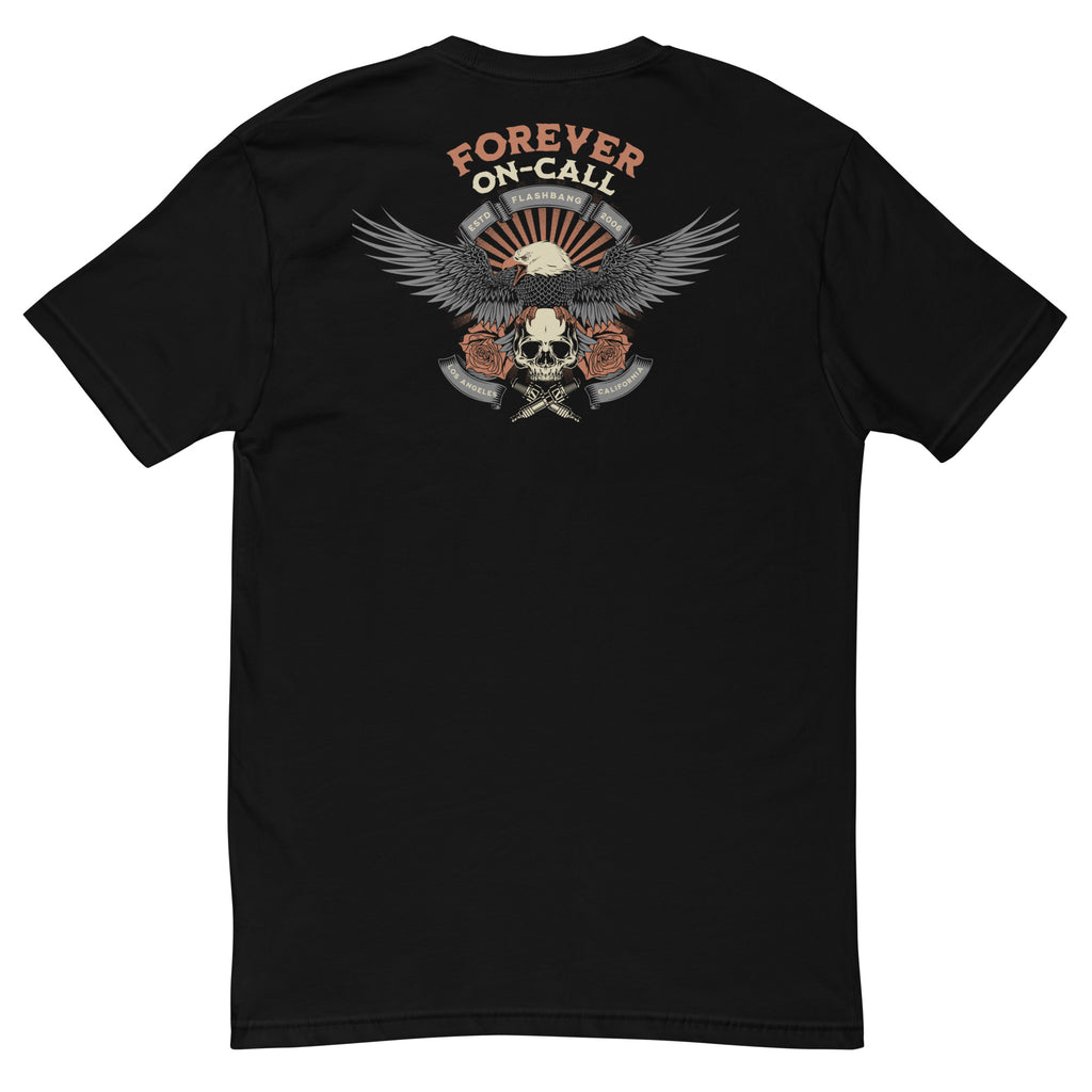 Black t-shirt with an eagle and skull design on the back, featuring the text 'Forever On-Call'.