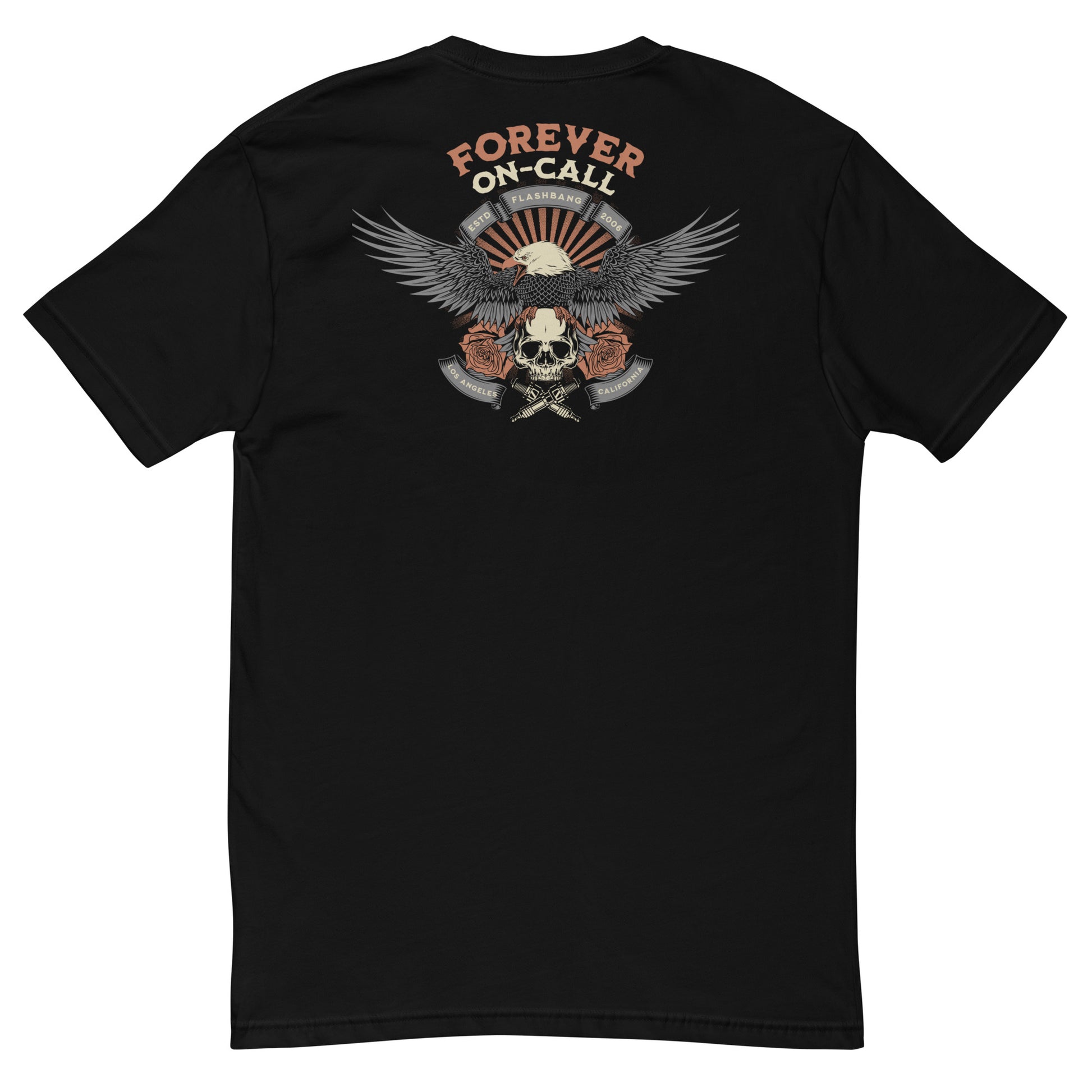Black t-shirt with an eagle and skull design on the back, featuring the text 'Forever On-Call'.
