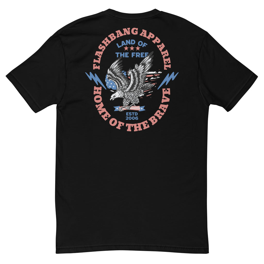 Black t-shirt with an eagle graphic and text on a white background