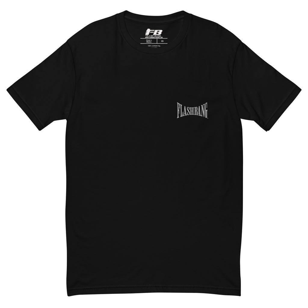 Proud American T-shirt with American flag graphic - Front View - Black with Flashbang Text