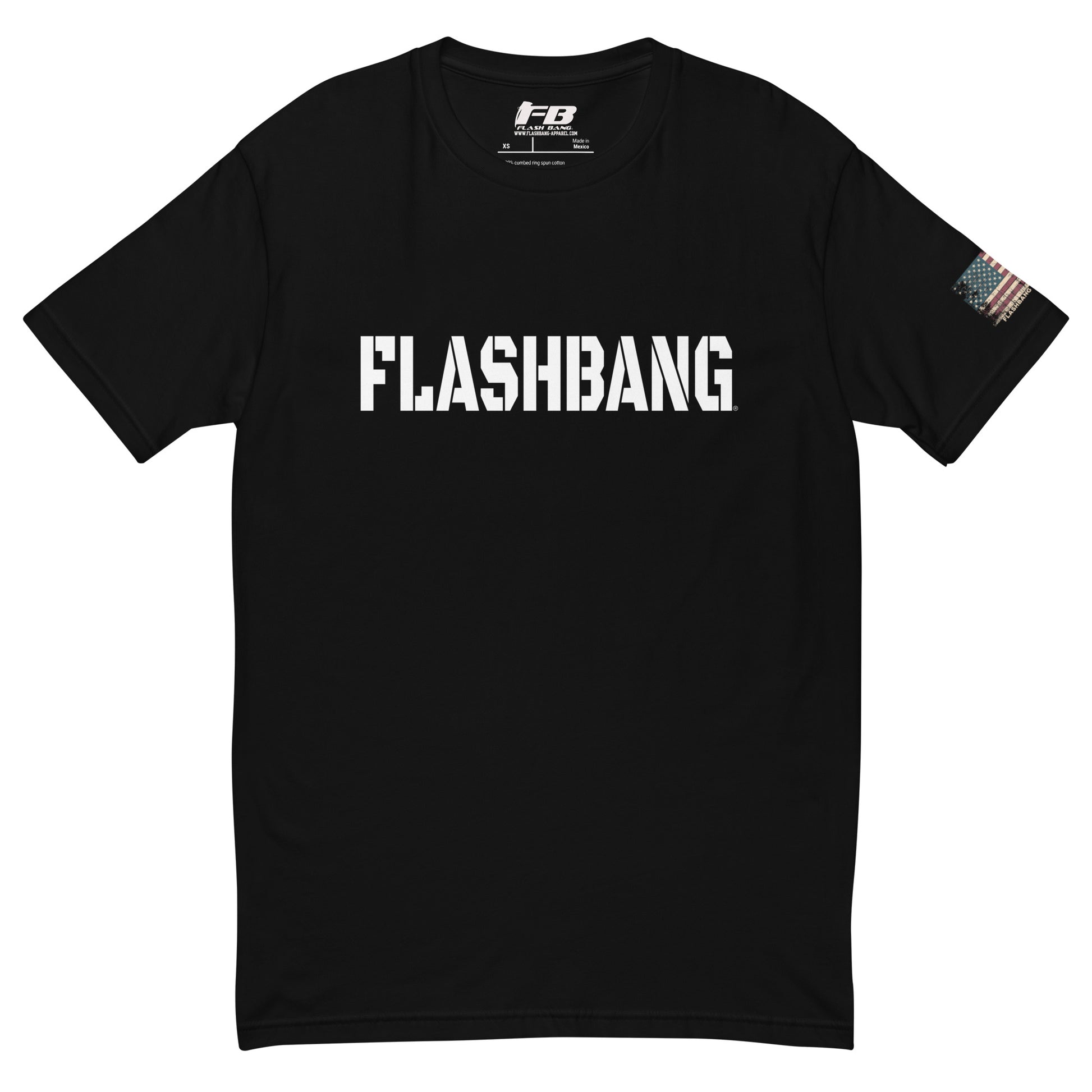 Flashbang Logo T-shirt with American flag graphic, perfect for honoring police and military veterans with durability and comfort - Front View - Black