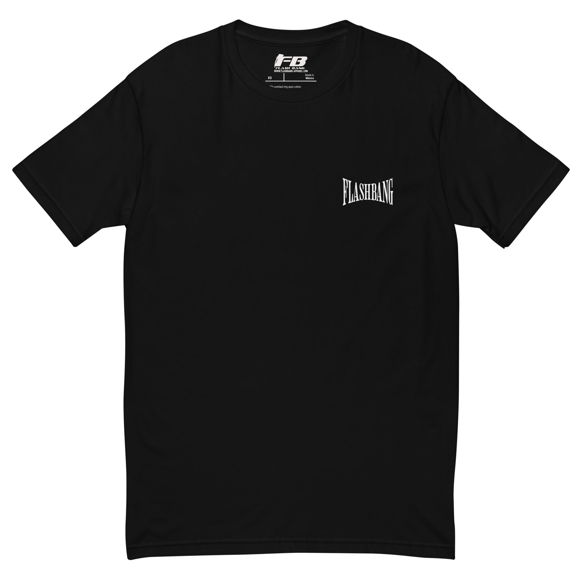 Authentic White T-shirt with bold letter print, designed for comfort and durability, perfect for those who love authentic graphic shirts - Front View - Black with Flashbang Text