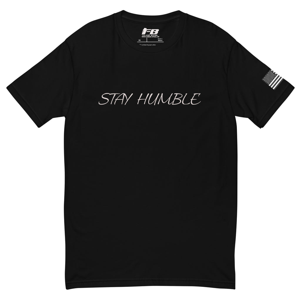 Stay Humble T-shirt with graphic design for men, featuring bold lettering - Front View - Black